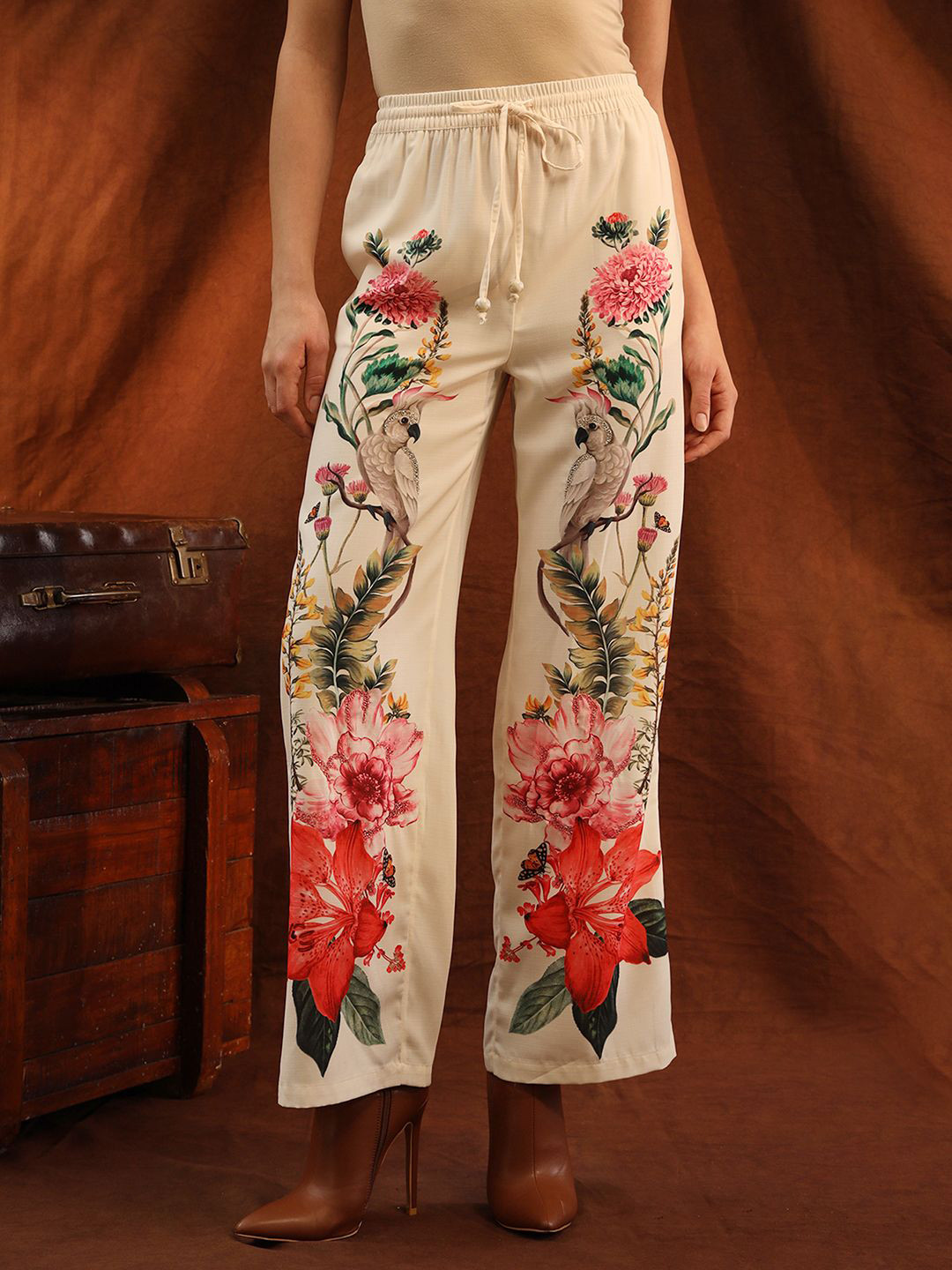 Kazo Women Floral Printed Straight Fit Celine Pull On Pants Trousers