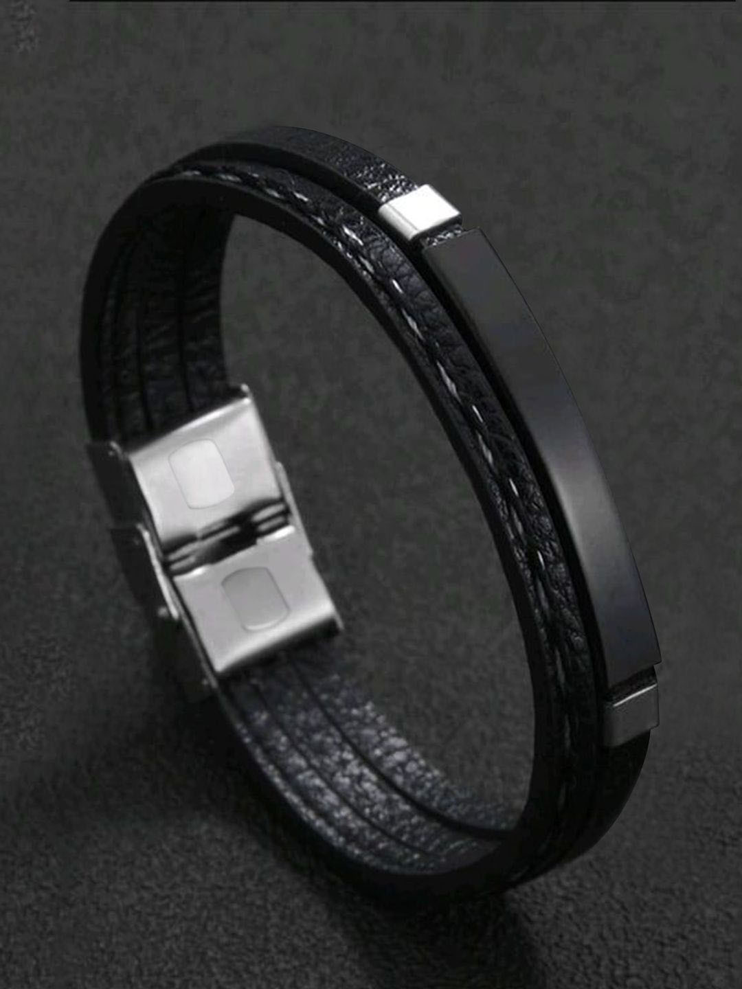 Carlton London Men Stainless Steel Wraparound Leather Bracelet