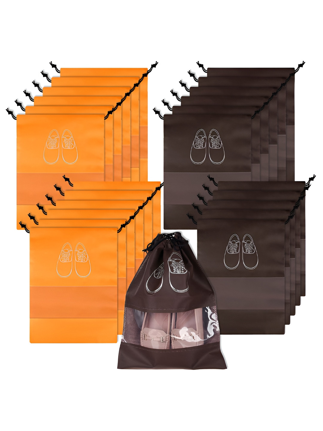 Aura Orange Colored & Coffee Brown 24 Pieces Printed Water Resistant Shoe Cover Bags
