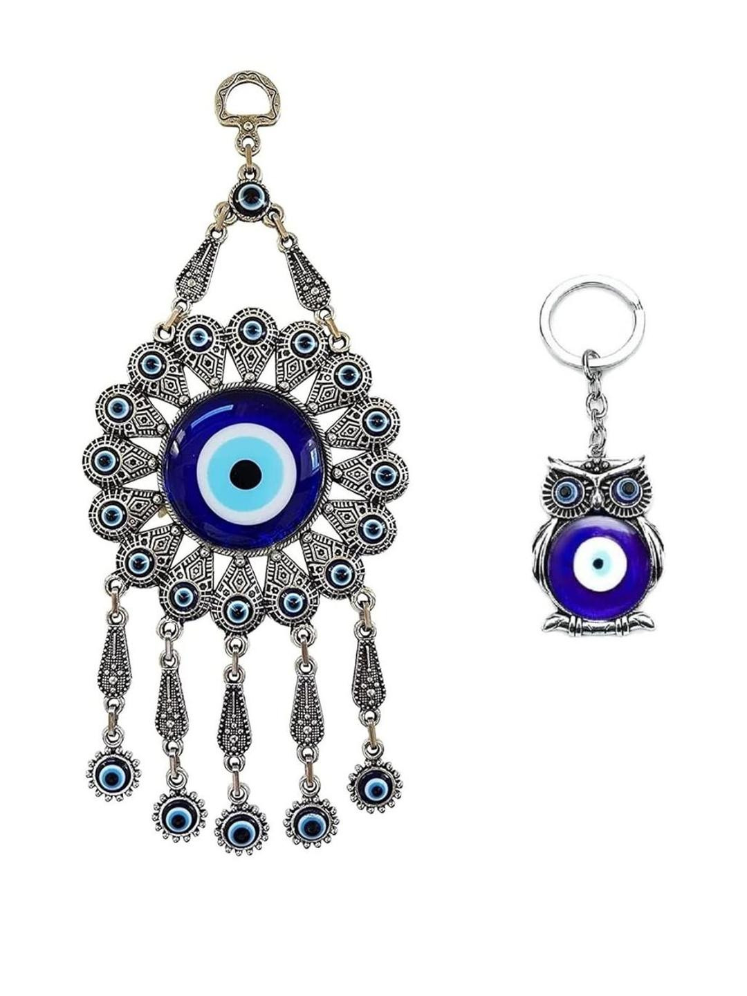 BLUE BEADS Silver Plated Blue Evil Eye Wall Door Hanging with Keychain