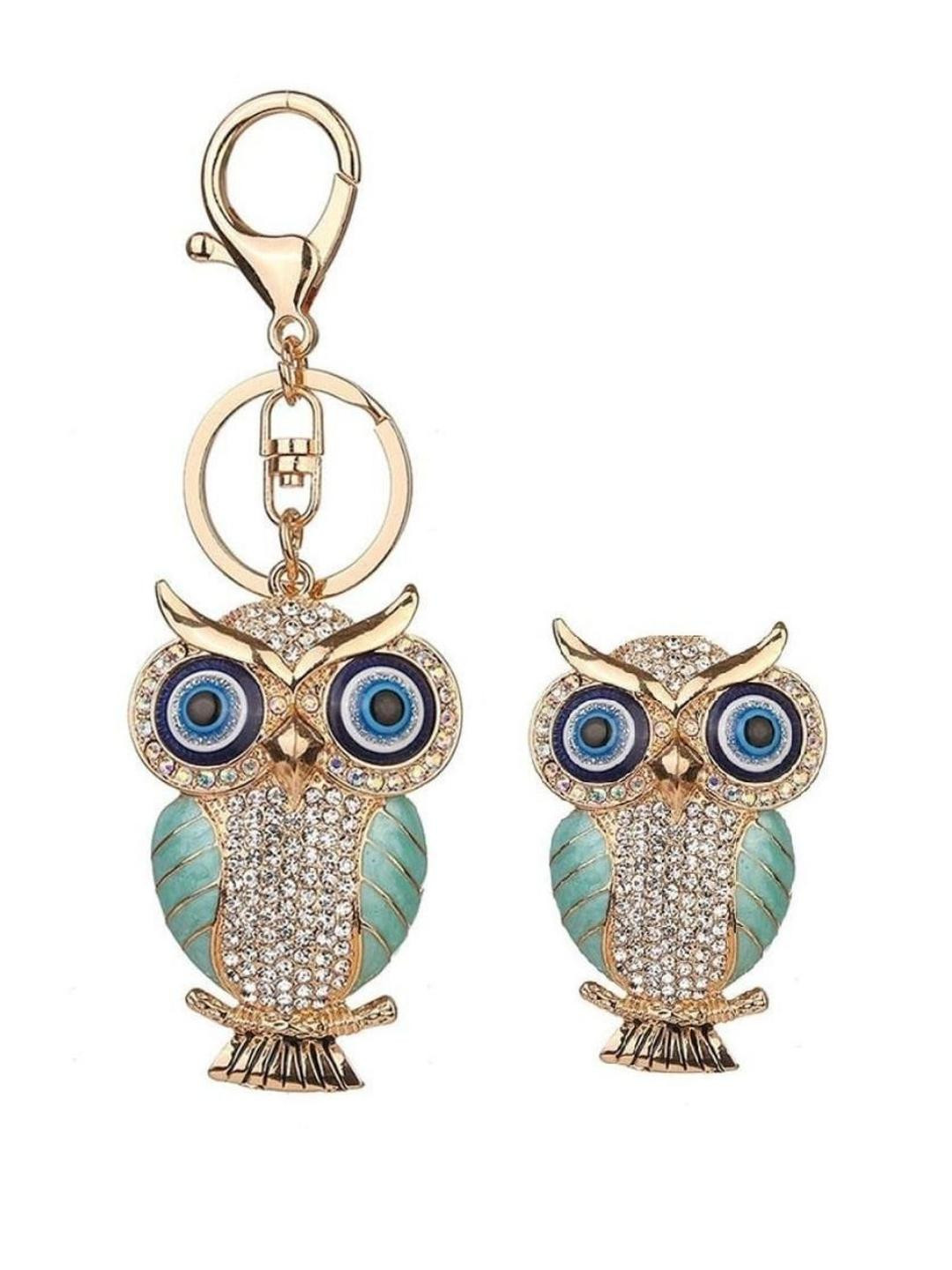 BLUE BEADS Gold with Turquoise Color and Evil Eye Crystal Owl Fridge Magnet and Keychain