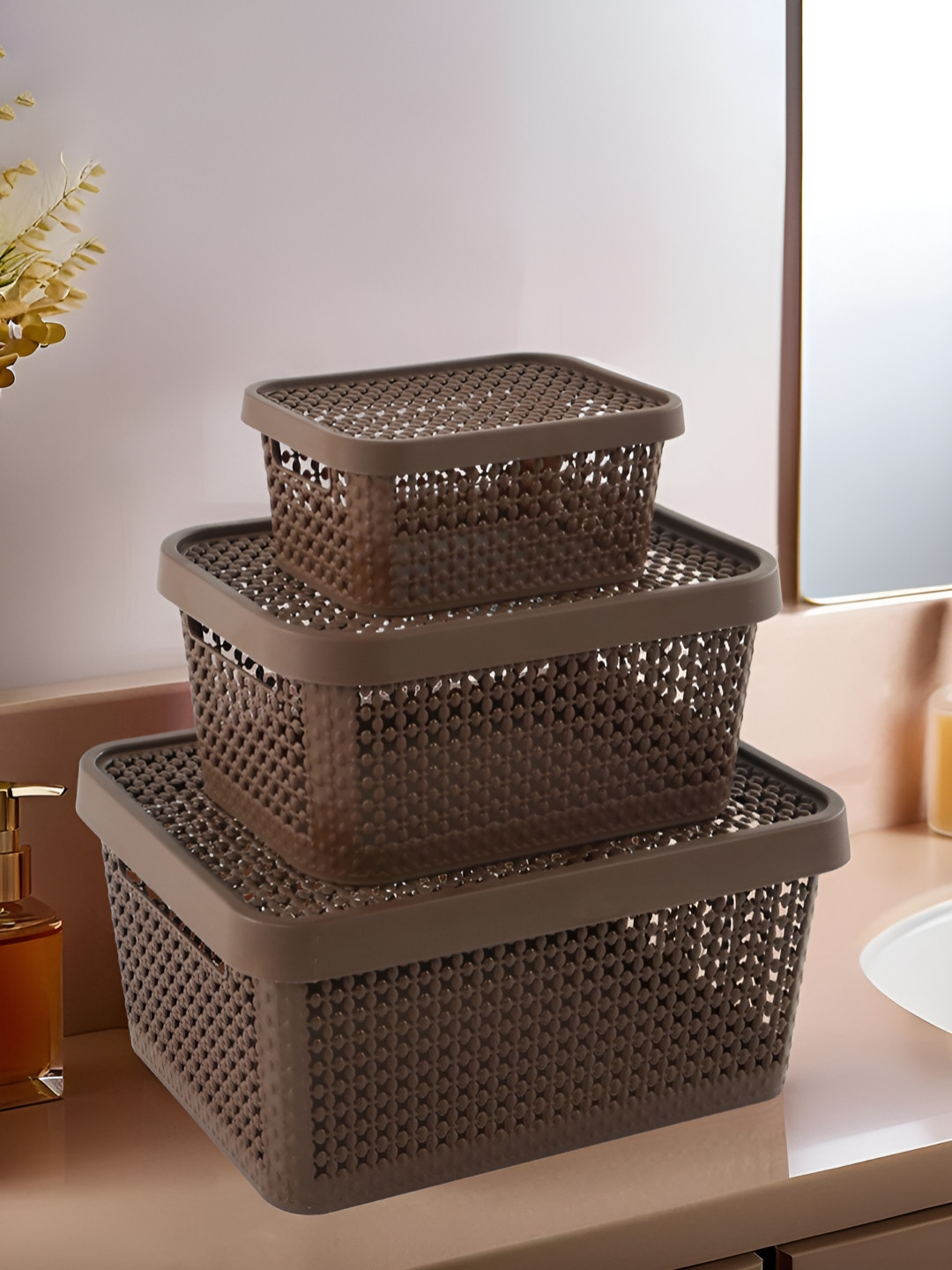Myntra Elegant Homes Brown 3 Pieces Stackable Tote Basket Organisers With Lid