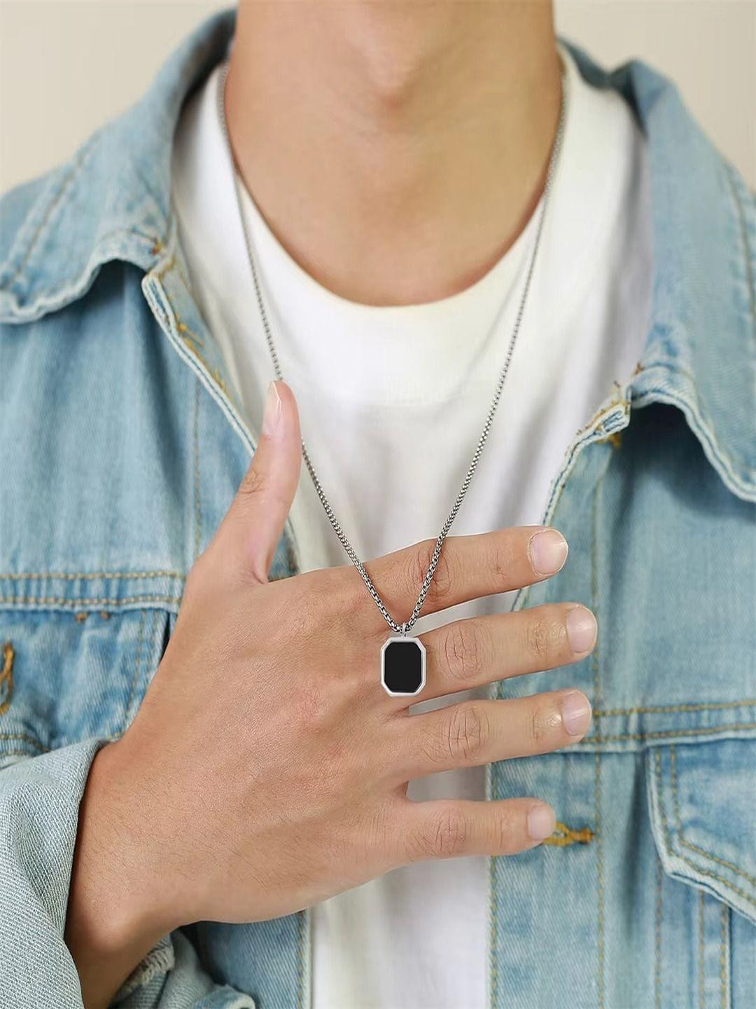 Vientiq Men Black Silver-Plated Square Pendant Casual Twist Chains Necklaces