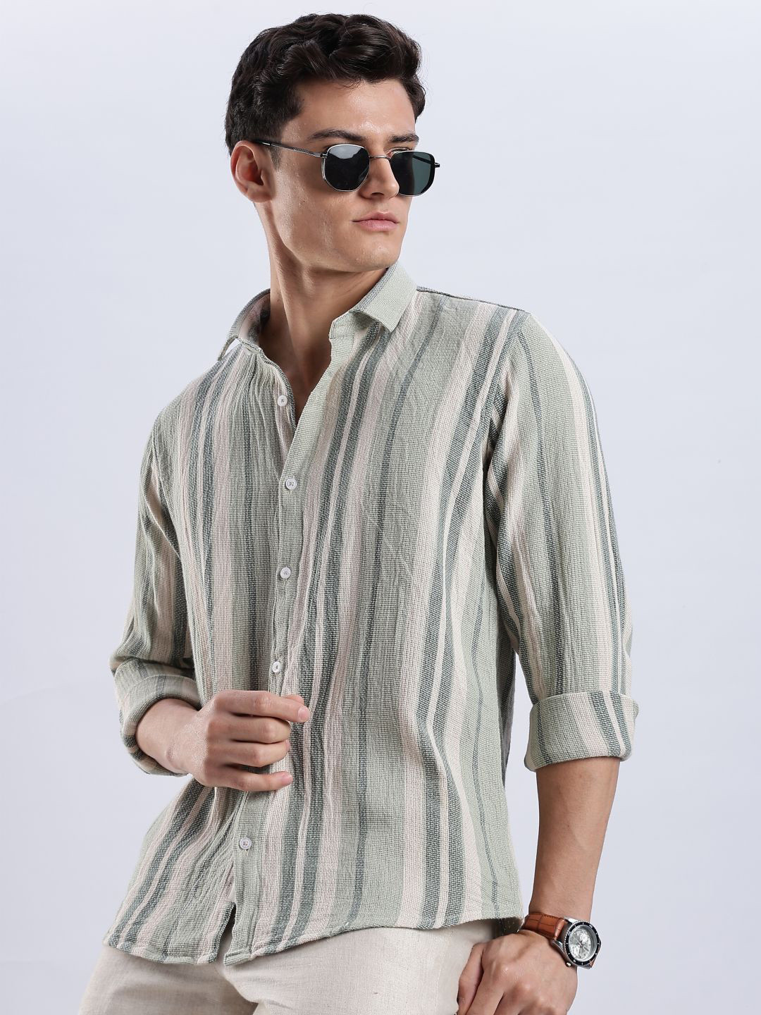 OG For Real Men Original Slim Fit Multi Striped Spread Collar Pure Cotton Casual Shirt