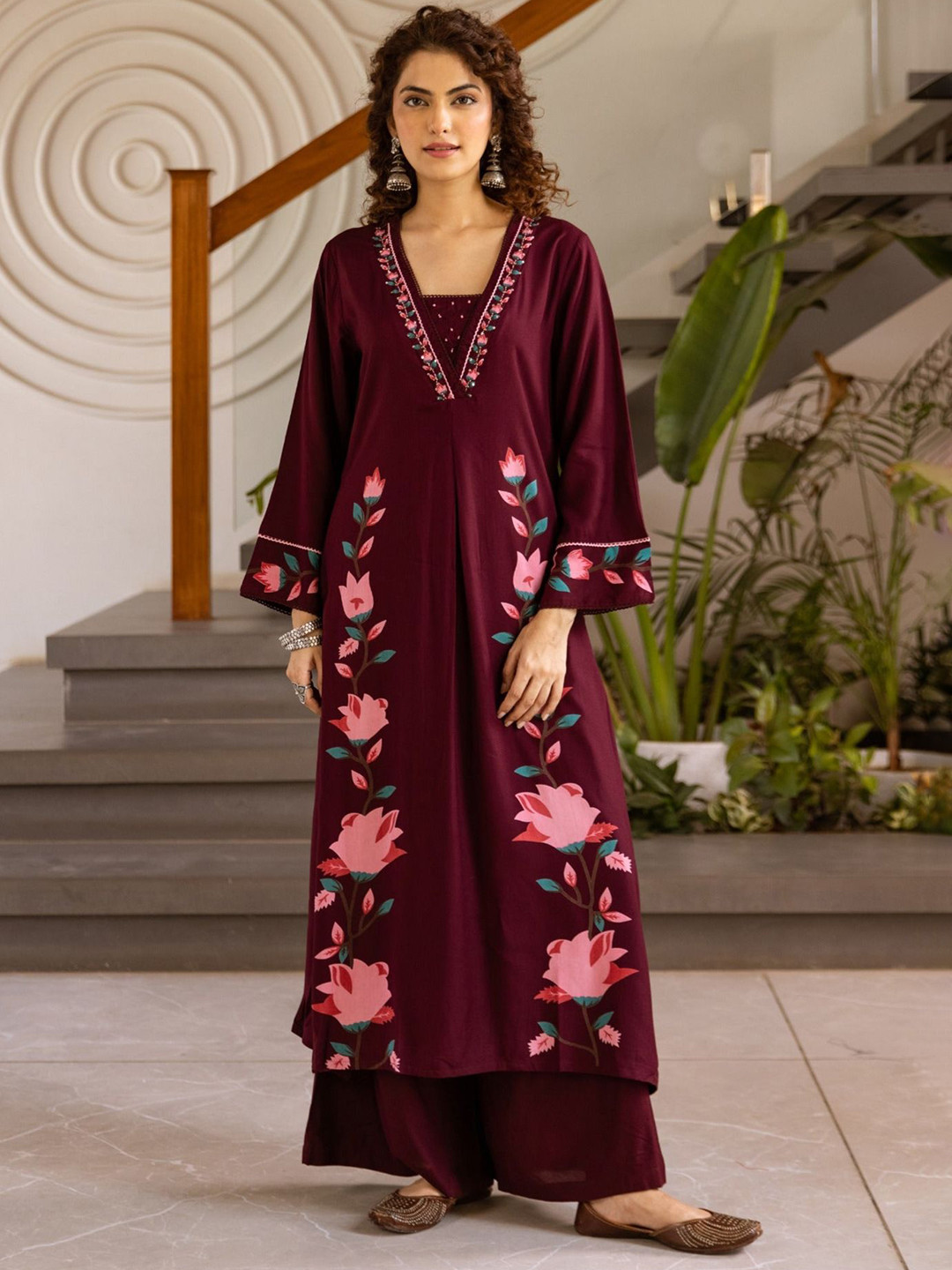 AUTUMN LANE Kabool Merlot Floral Printed Thread Work A-Line Pure Cotton Kurta With Palazzo