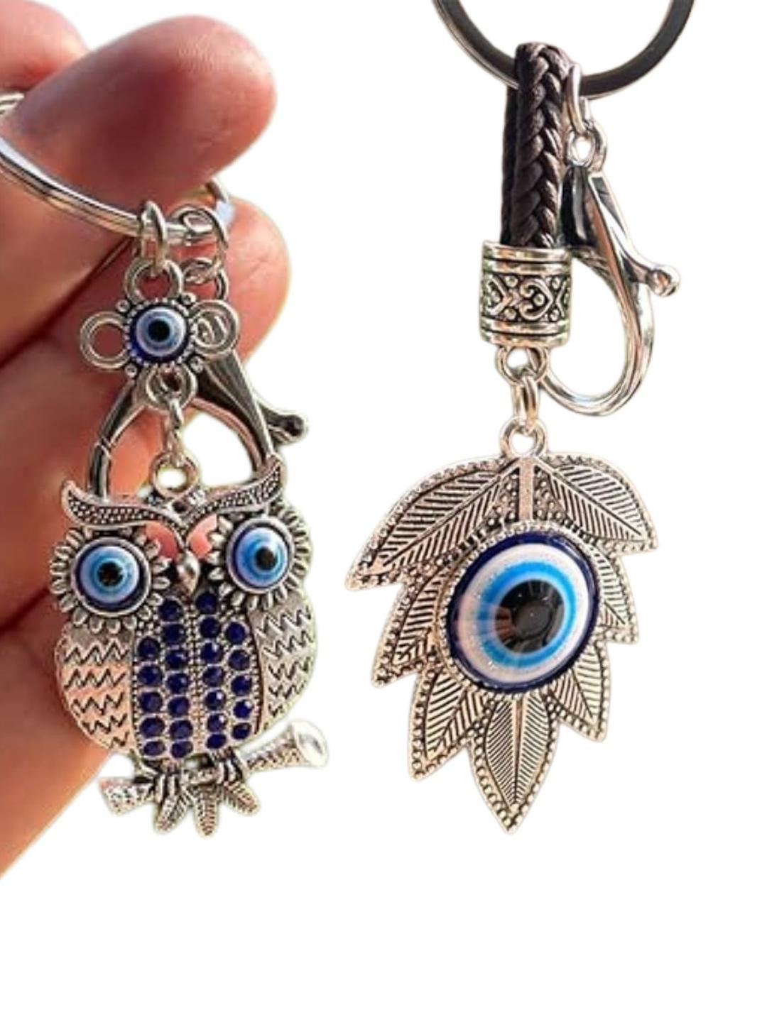 BLUE BEADS Unisex Set of 2 Blue & Silver Evil Eye Owl & Leaf Pattern Keychains