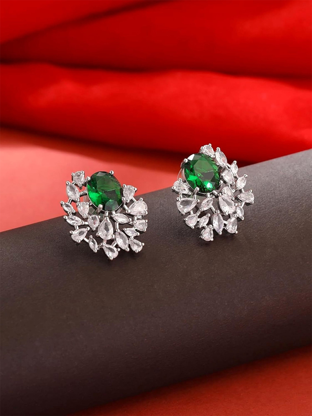 Gemron Jewel Rhodium Plated American Diamond Studded Oval Shaped Studs