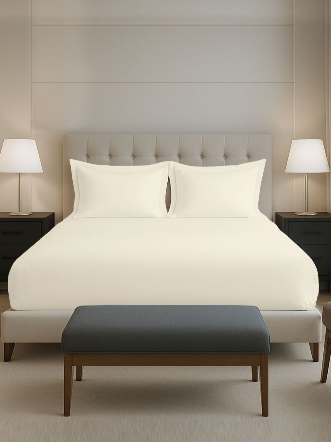 PIZUNA LINENS Cream-Coloured Pure Cotton 400TC Fitted Double King Bedsheet Set-2.54mx2.75m