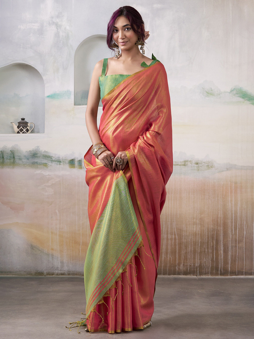 MAHALASA Woven Design Zari Work Tissue Saree With Blouse