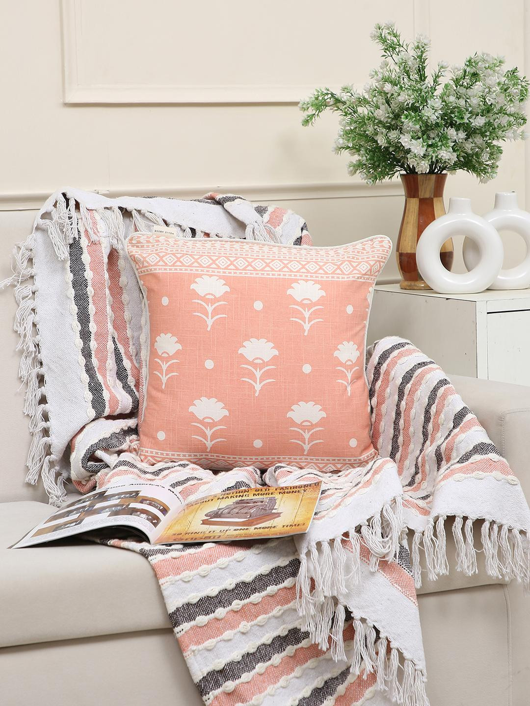 Weave Abode Peach-Coloured & White Floral Square Cushion Covers