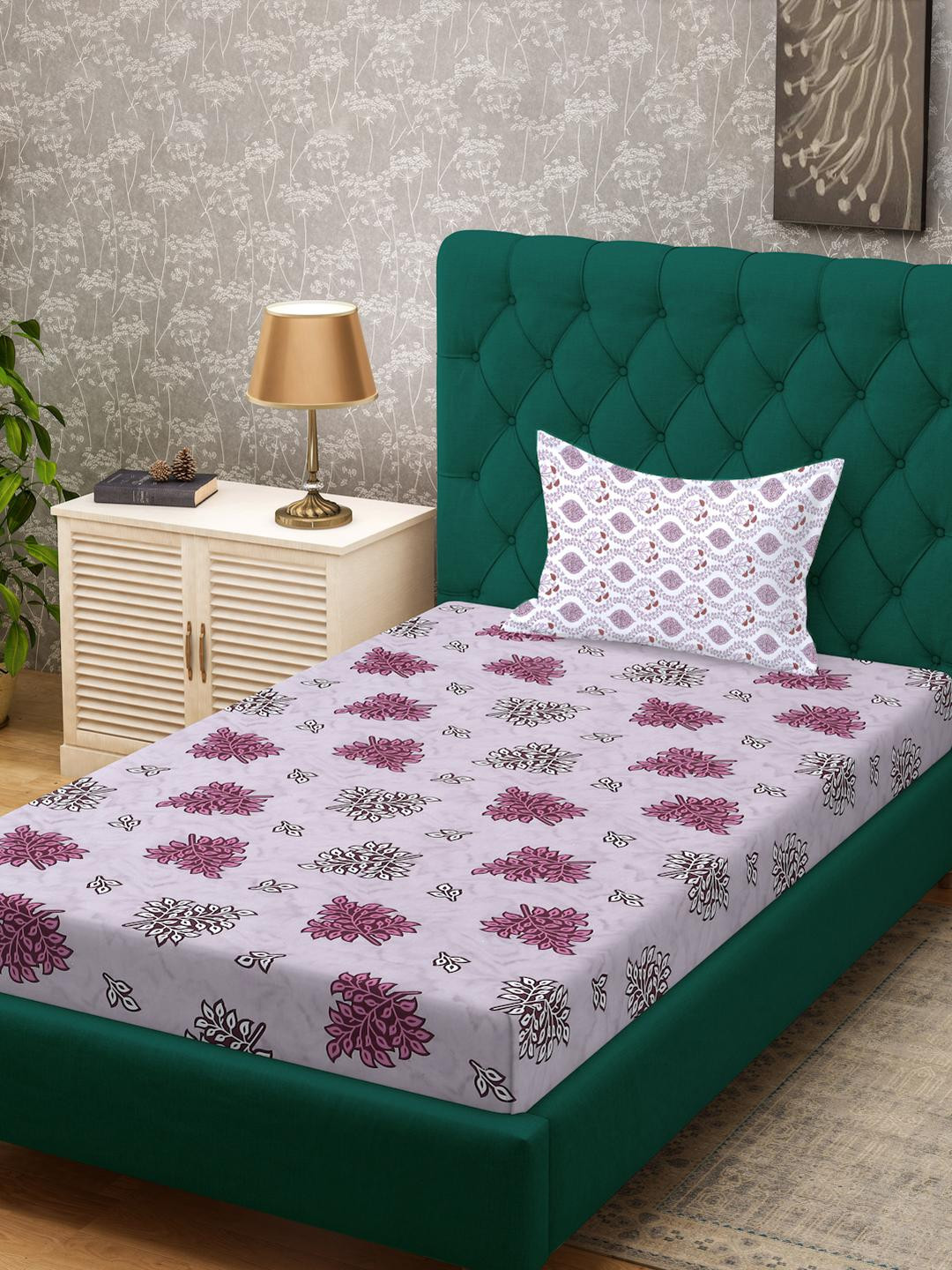 KLOTTHE Purple Cotton Floral 400 TC Single Bedsheets