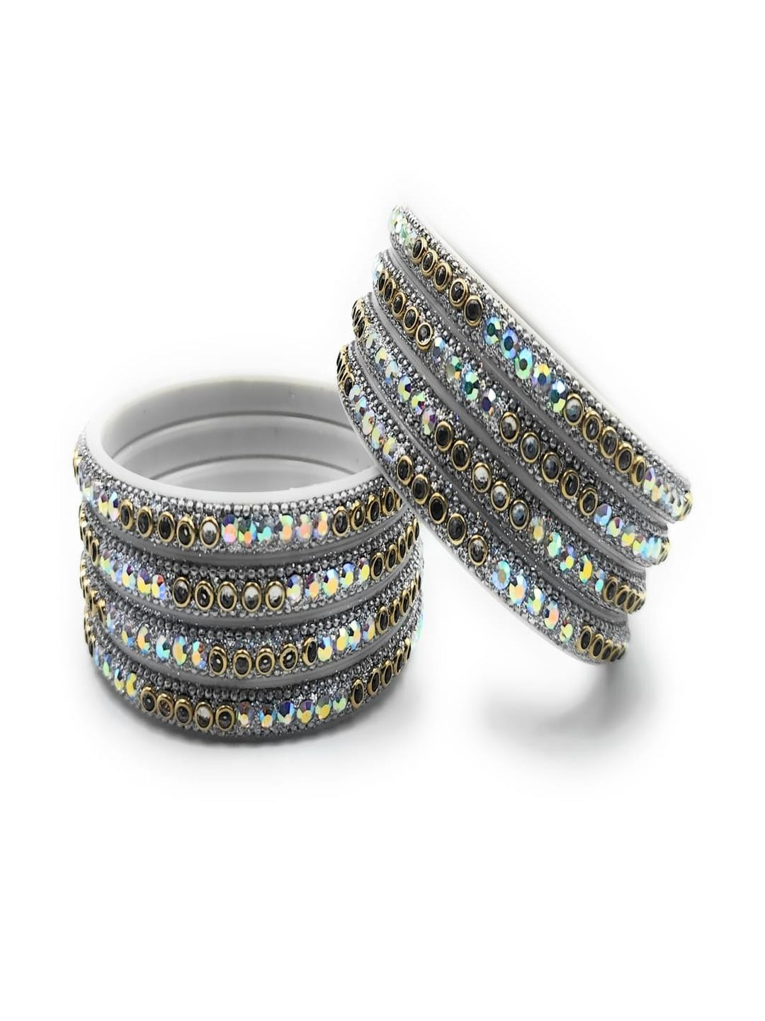 RAF DUKAN Women Set Of 8 Grey & White Plastic Artificial Stones Bangles