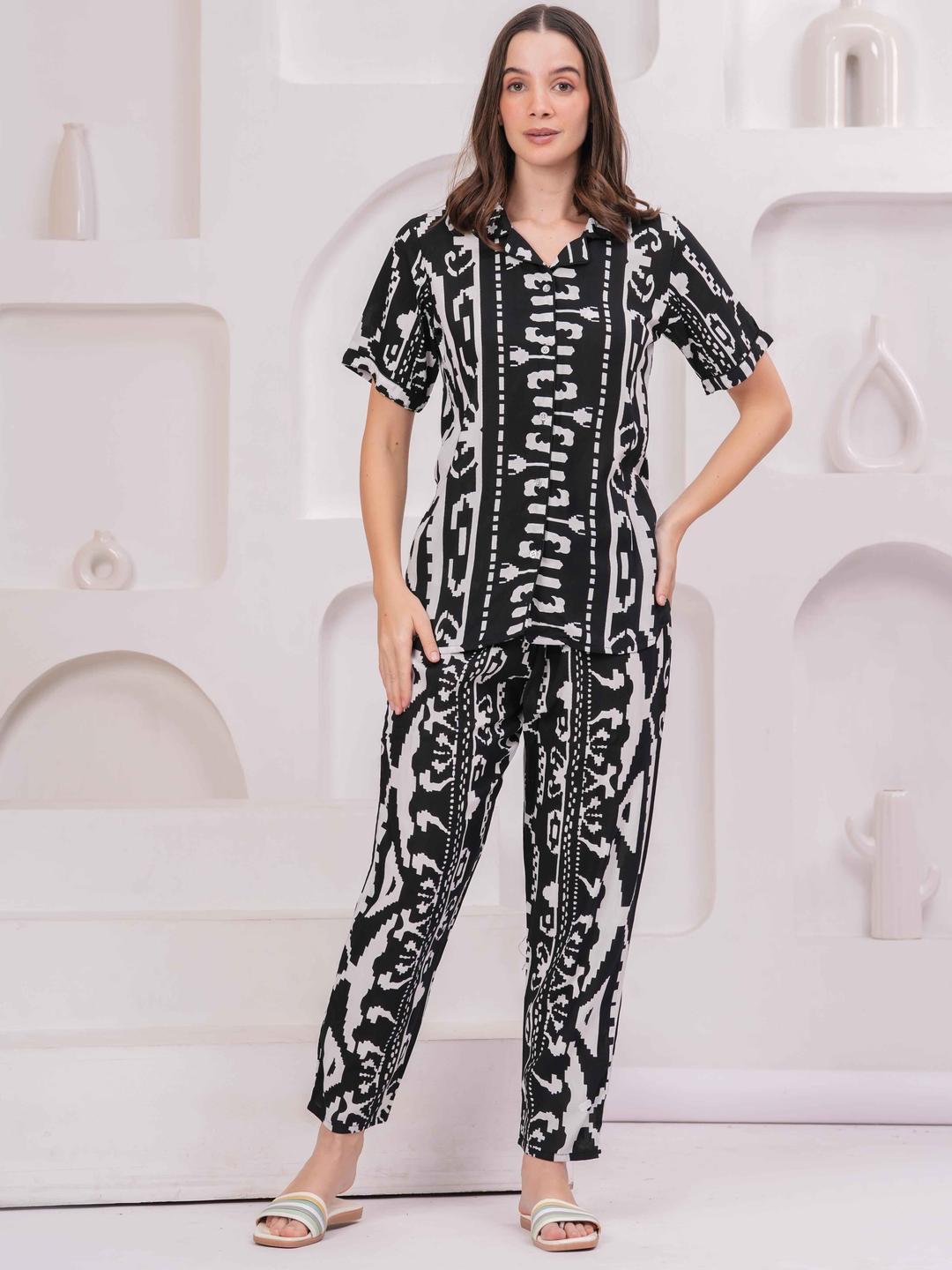 KALINI Women Ikkat Printed Shirt & Trousers Night Suit