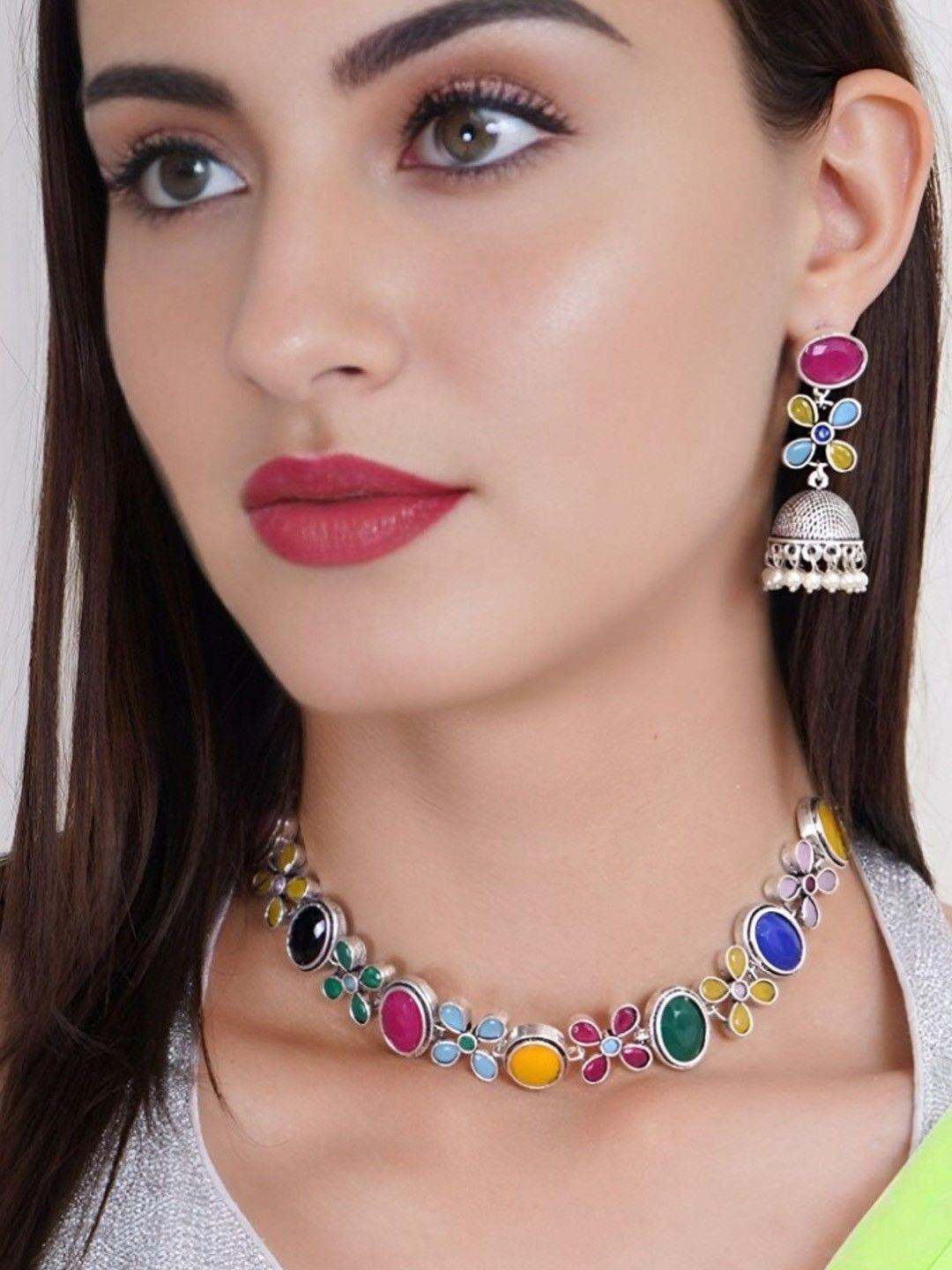 Anouk Rhodium Plated Multicolor Crystal  And Kempu Stone-Studded Choker Jewelry Set