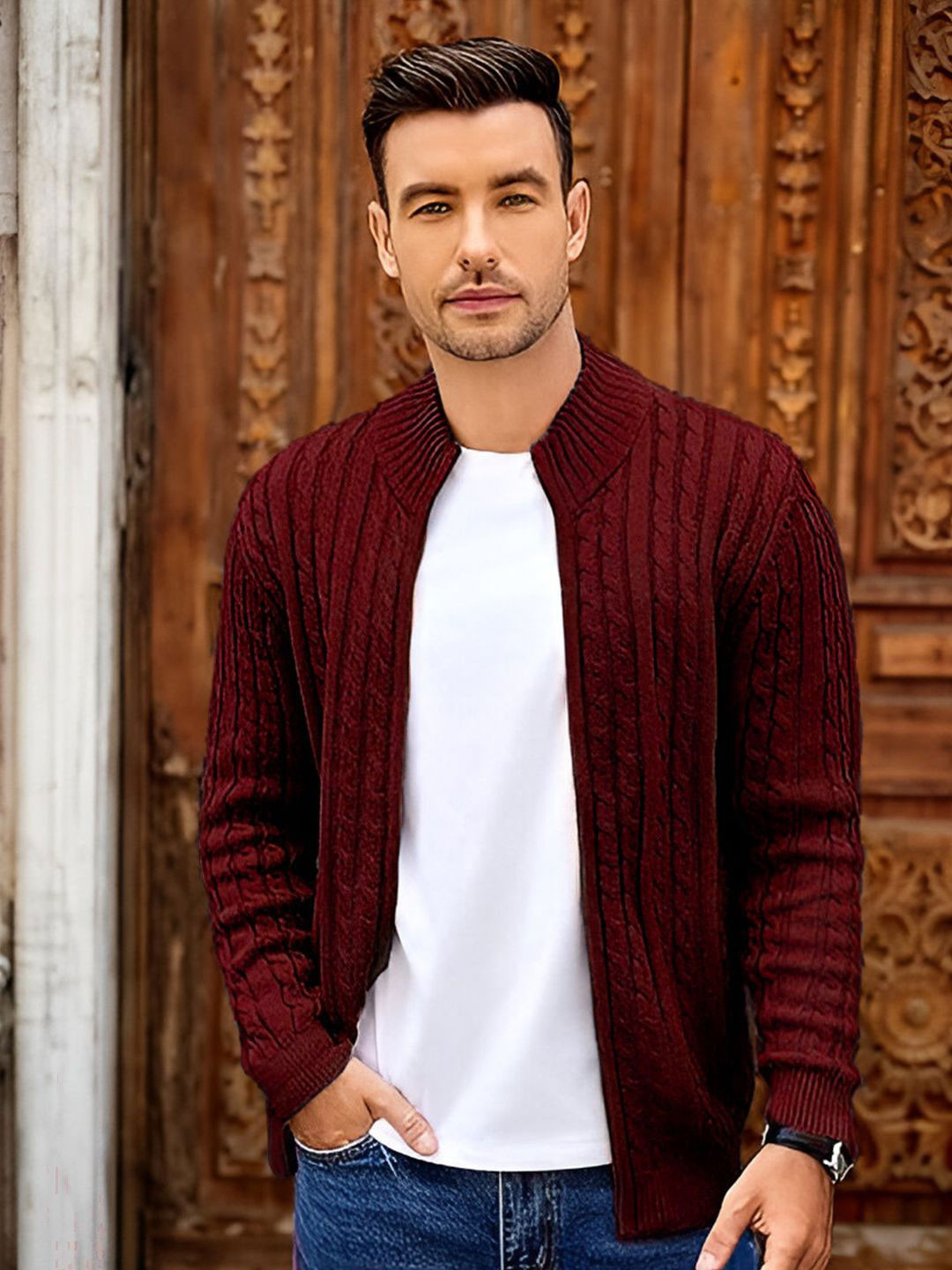 TYSORT Men Front-Open Zip Detail Woollen Sweater