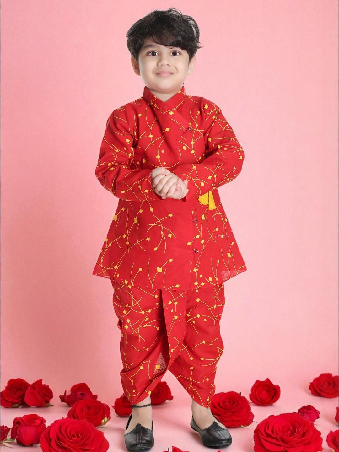 Smuktar garments Boys Red & Yellow Printed  Cotton Angrakha Kurta With Dhoti Pant Set