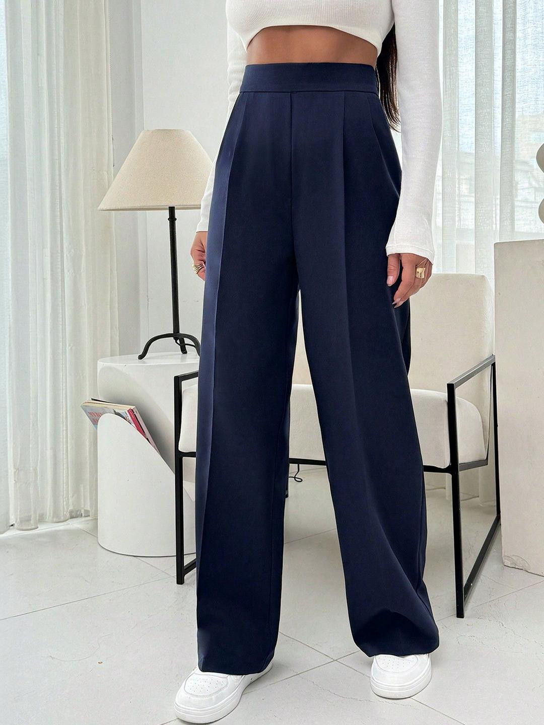 NUCOUTHS Women Super Relaxed Fit High-Rise Pleated Parallel Trousers