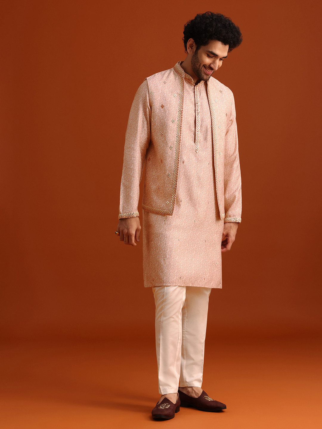 KALKI Fashion Ethnic Motifs Embroidered Thread Work Linen Kurta With Trousers & Jacket