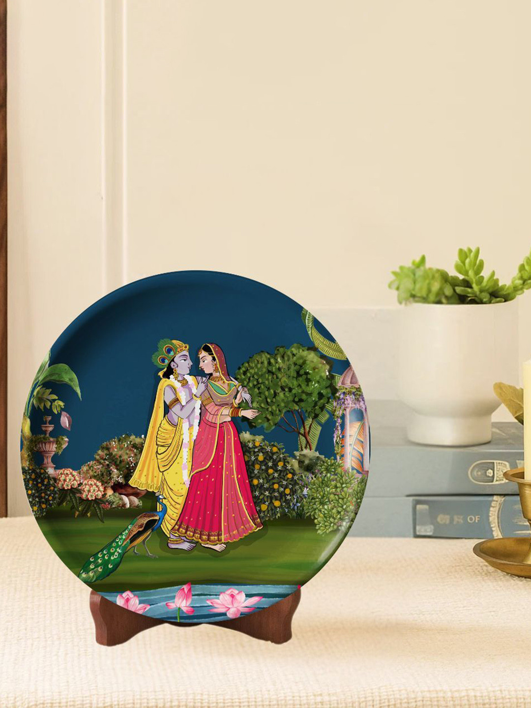 Ritualistic Blue & Green Printed Wall Plates Decor WithStand