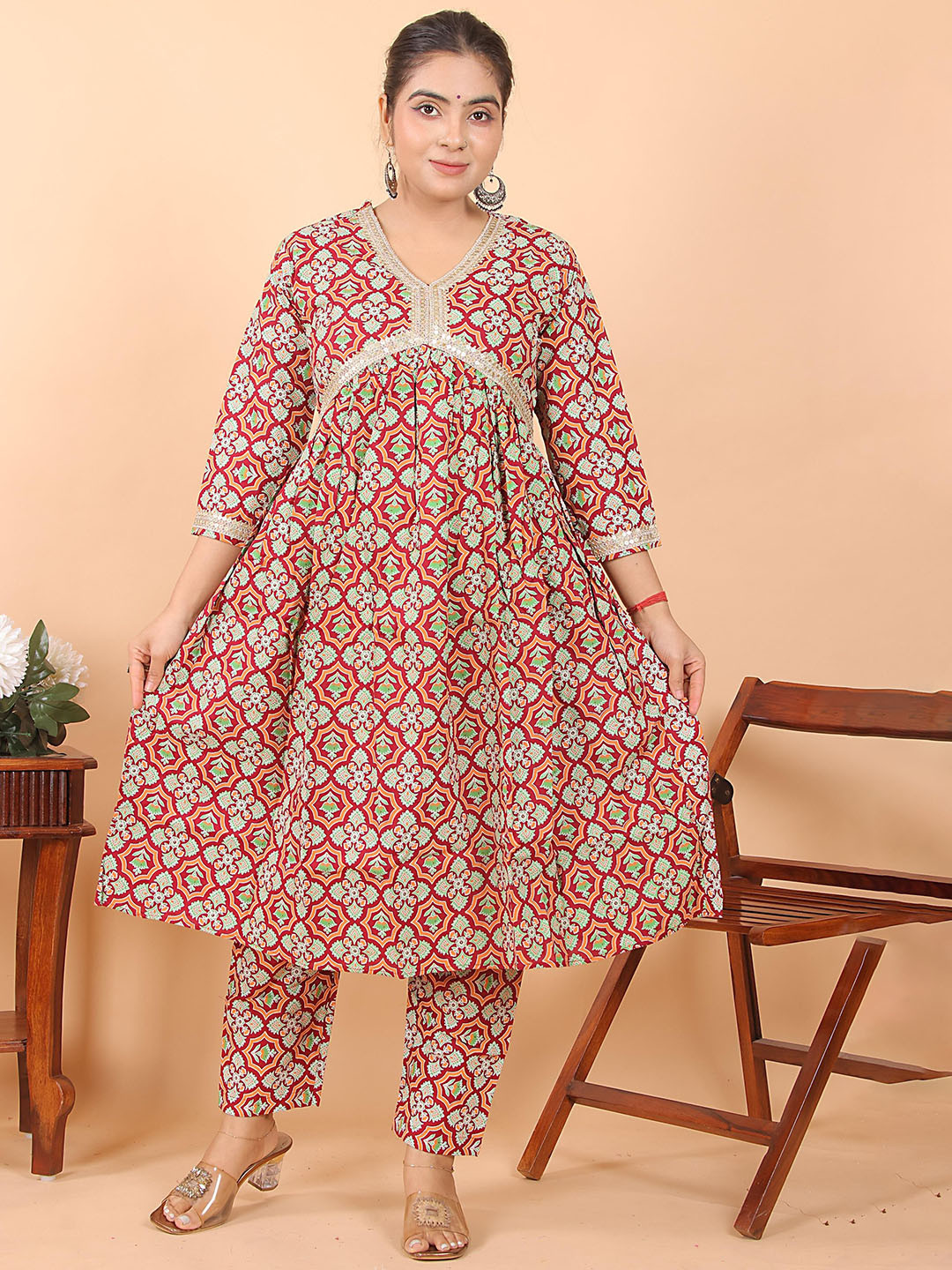 Parth S Fashion Floral Printed V-Neck Anarkali Kurta With Trousers