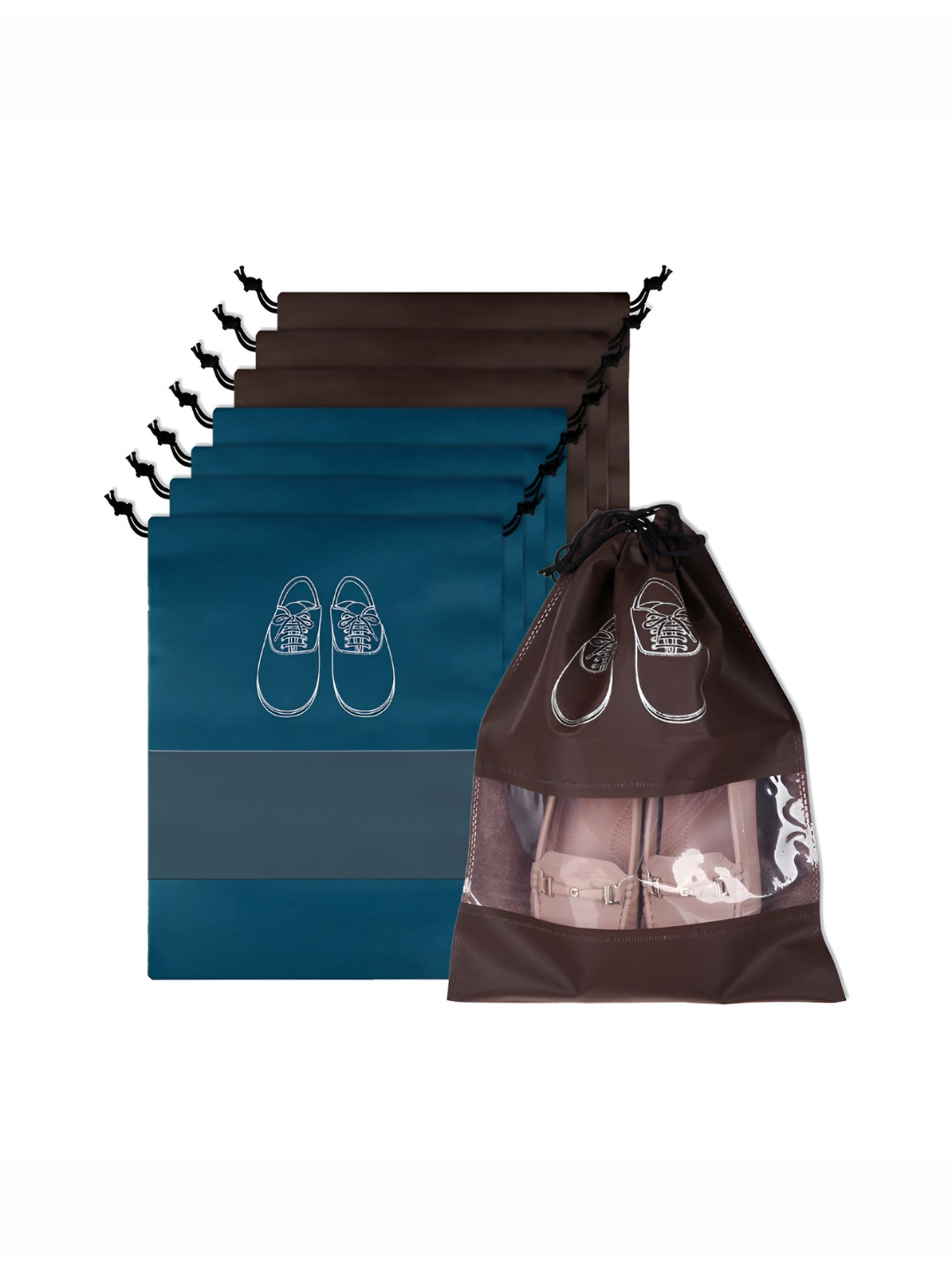 Aura Navy Blue & Coffee Brown 8 Pieces Printed Water Resistant Shoe Cover Bag Organisers