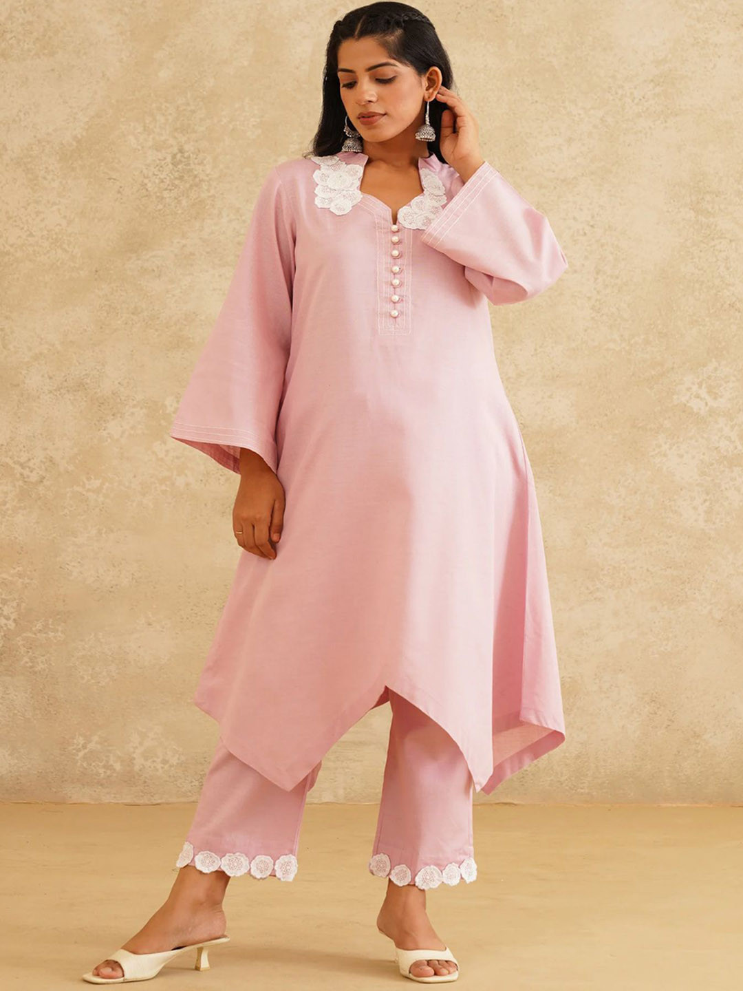 DZINEOAK Women Solid Embroidered Cotton A-Line Kurta with Trousers