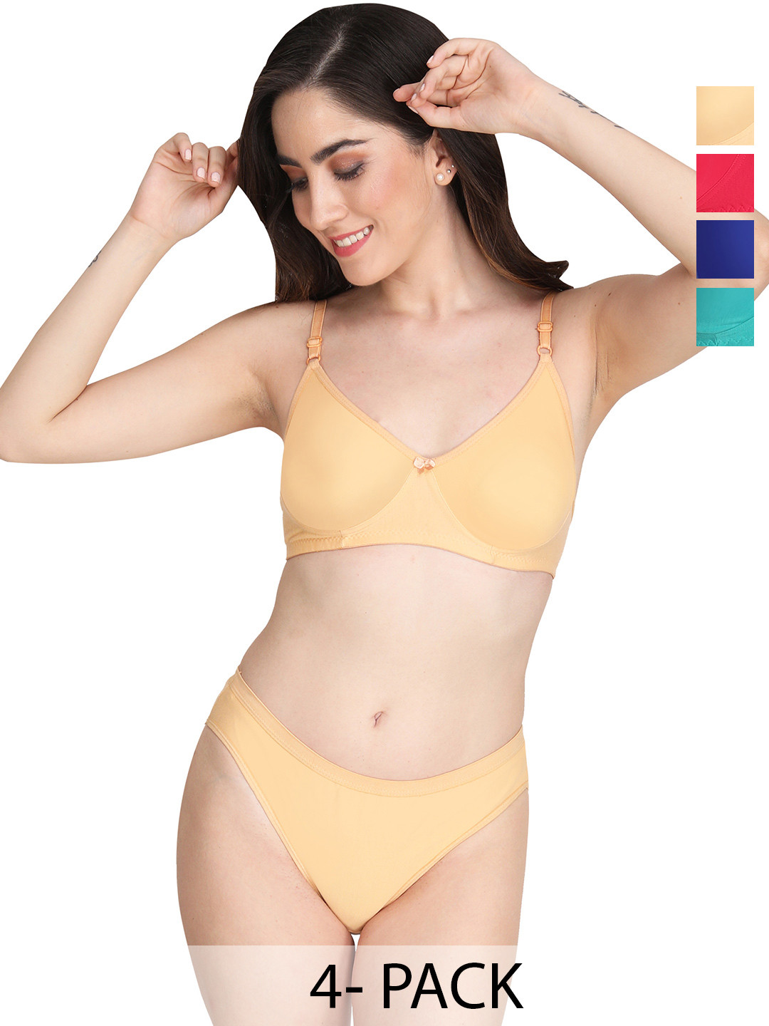 Liigne Pack Of 4 Women Everyday Non Padded Bra Mid Rise Bottom Pure Cotton Lingerie Set