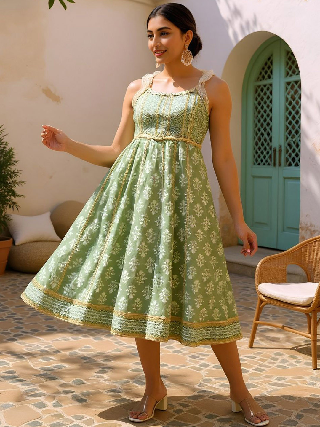 SZN Floral Printed With Lace Work Cotton Midi Ethnic Dress