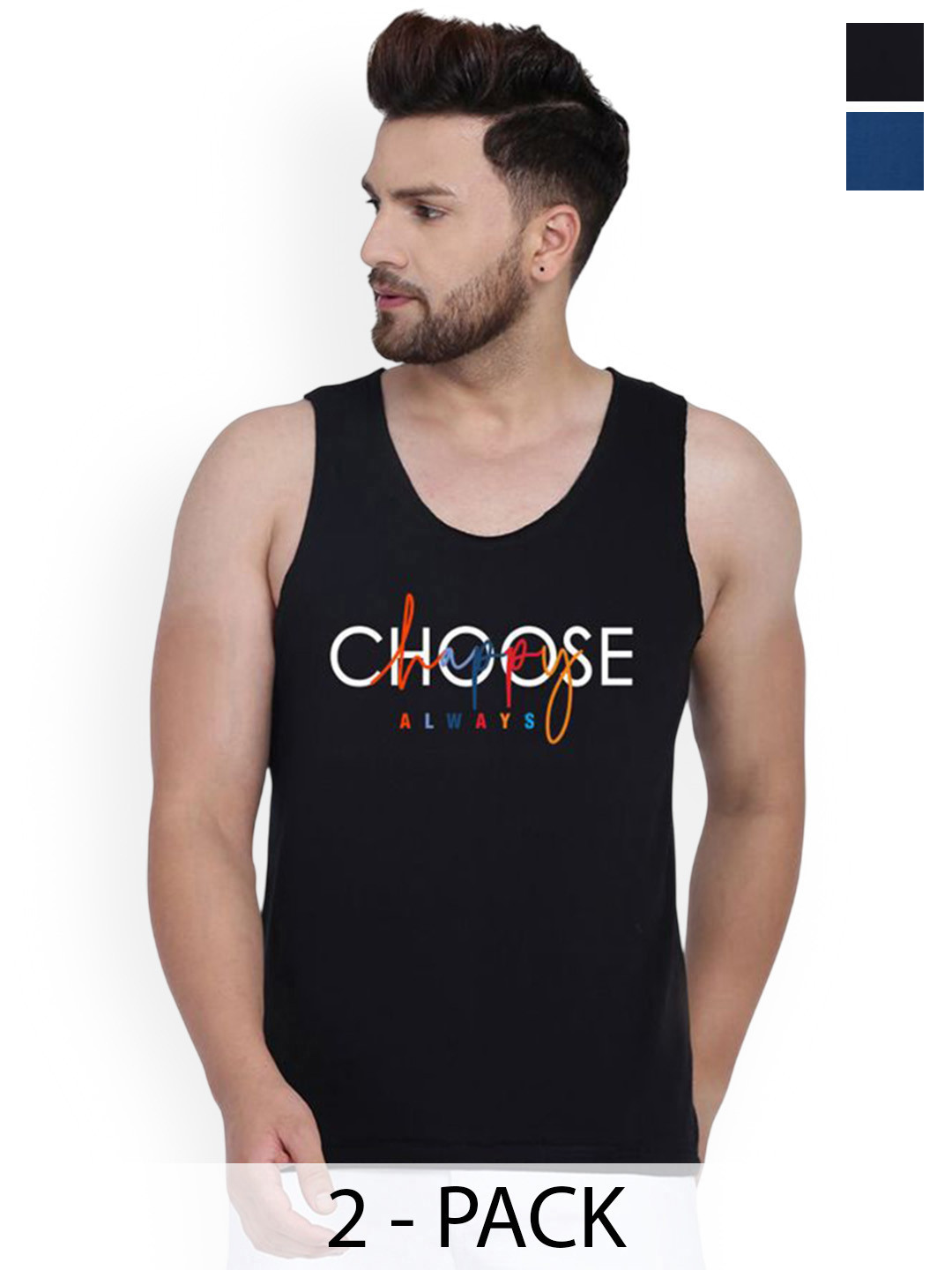 SLOWLORIS Pack Of 2 Typography Printed Gym Vest VSL26 CMB(CHS BLACK)(LOOK BLACKPEACOCK)