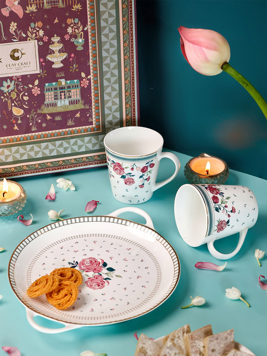 CLAY CRAFT White & Pink 3 Pieces Printed Ceramic Glossy Plate & Mugs