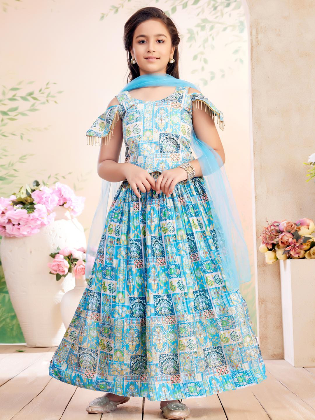 Sangria Girls Firozi Printed Zari Embrodery Georgette Lehenga Choli Set