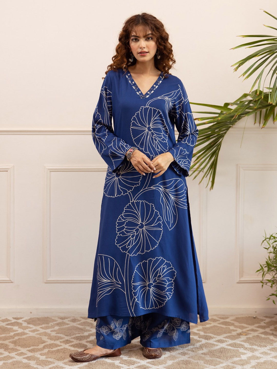 AUTUMN LANE Kabool Jayblue Printed V-Neck Thread Work Pure Cotton Kurta With Palazzo