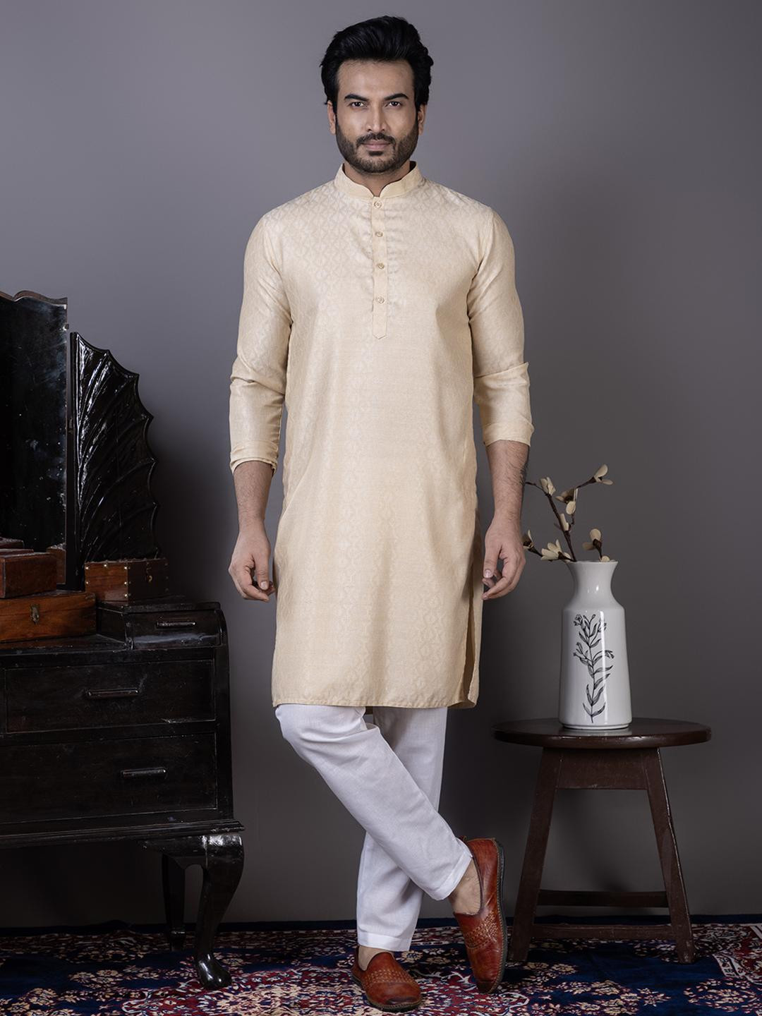 PulseIQ Men Beige Ethnic Cotton Mandarin Collar Long Sleeves Printed Kurta