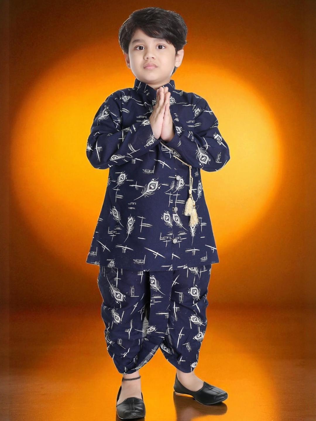 Smuktar garments Boys Blue & White Printed Kurta with Dhoti Set