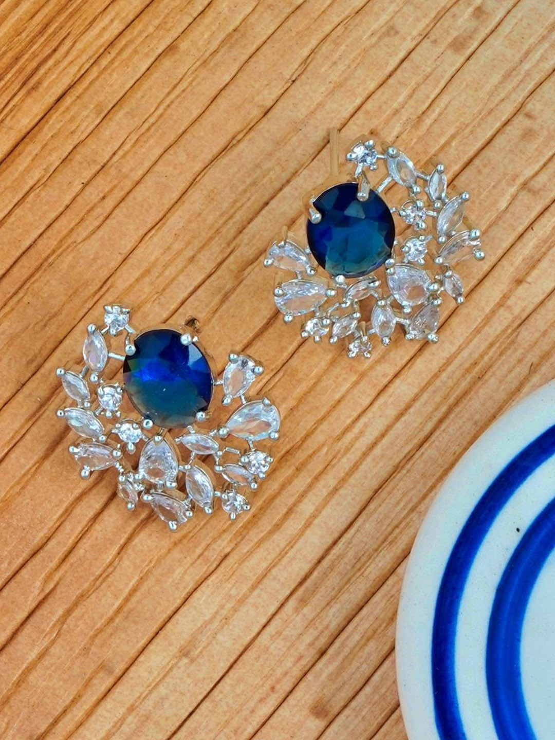 Gemron Jewel Rhodium Plated American Diamond Studded Oval Shaped Studs