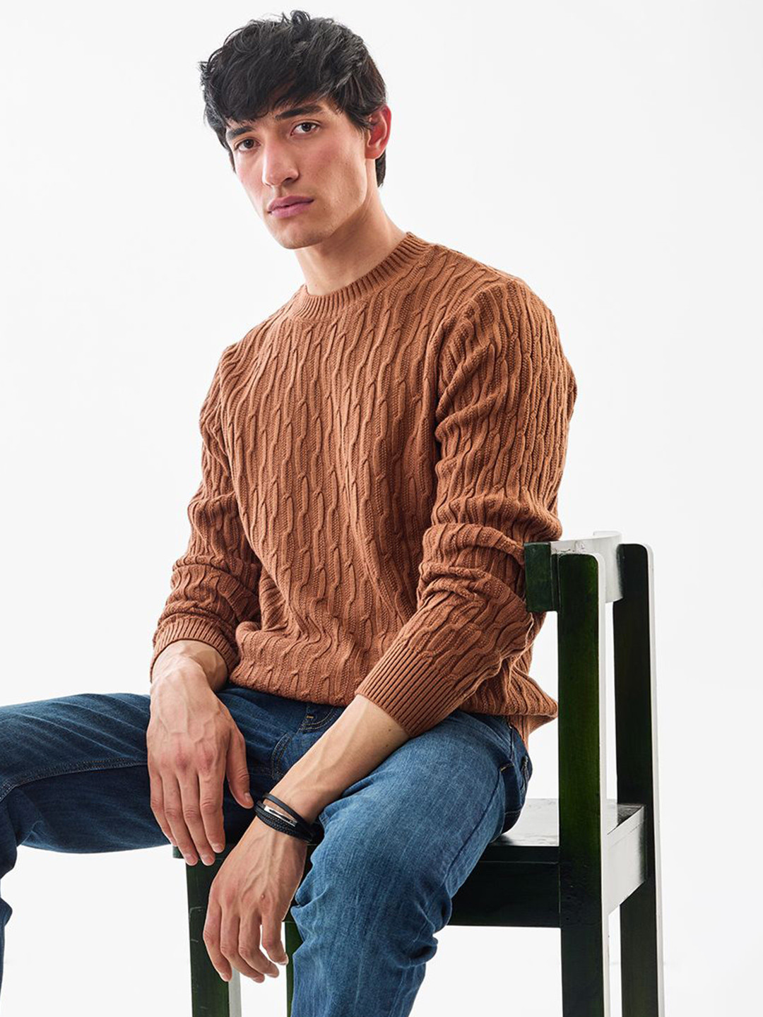 Snitch Men Brown Cable Knit Sweaters