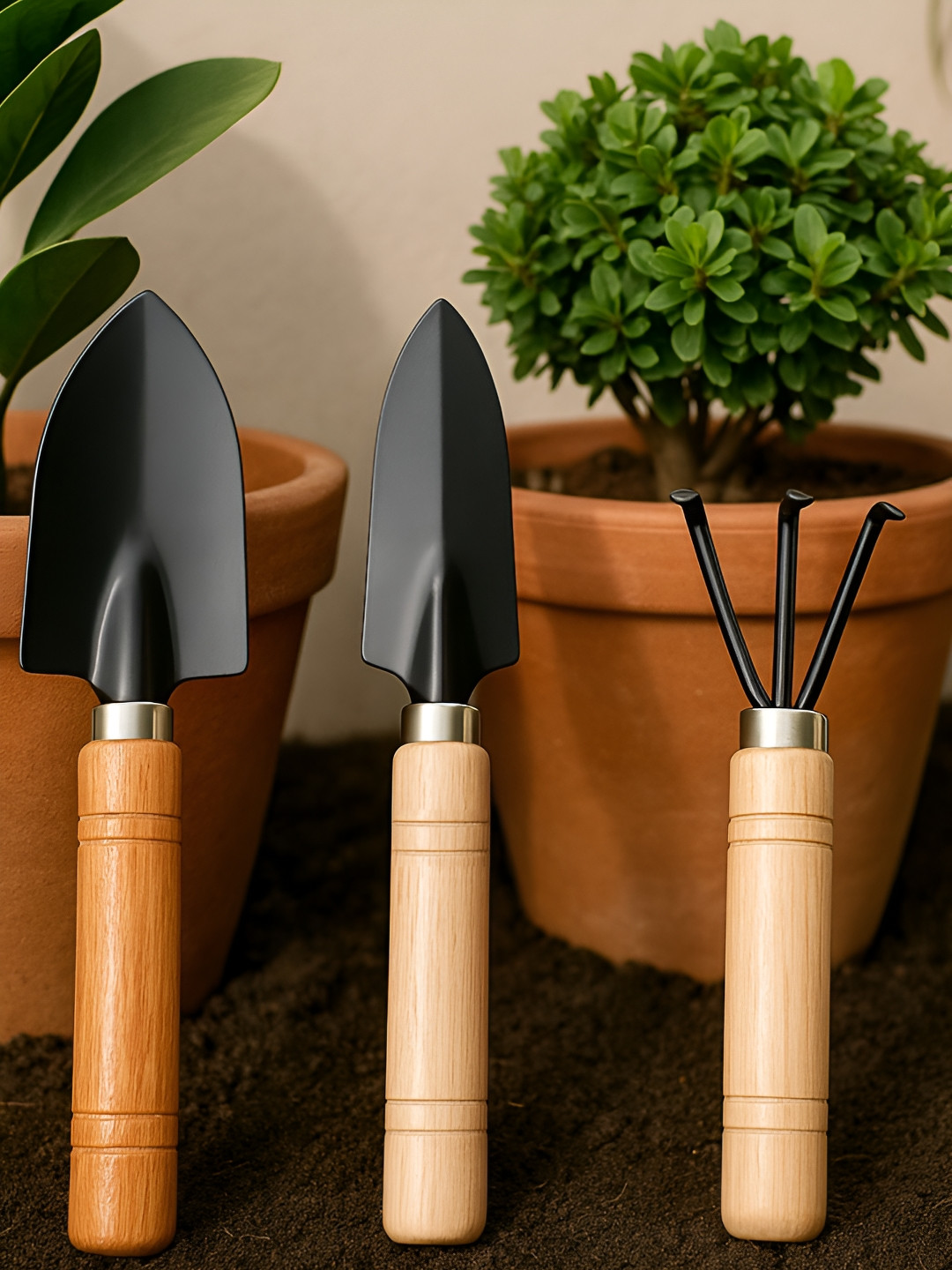 ecofynd 3-Pcs Black & Brown Gardening Hand Tools Set With Wooden Handle