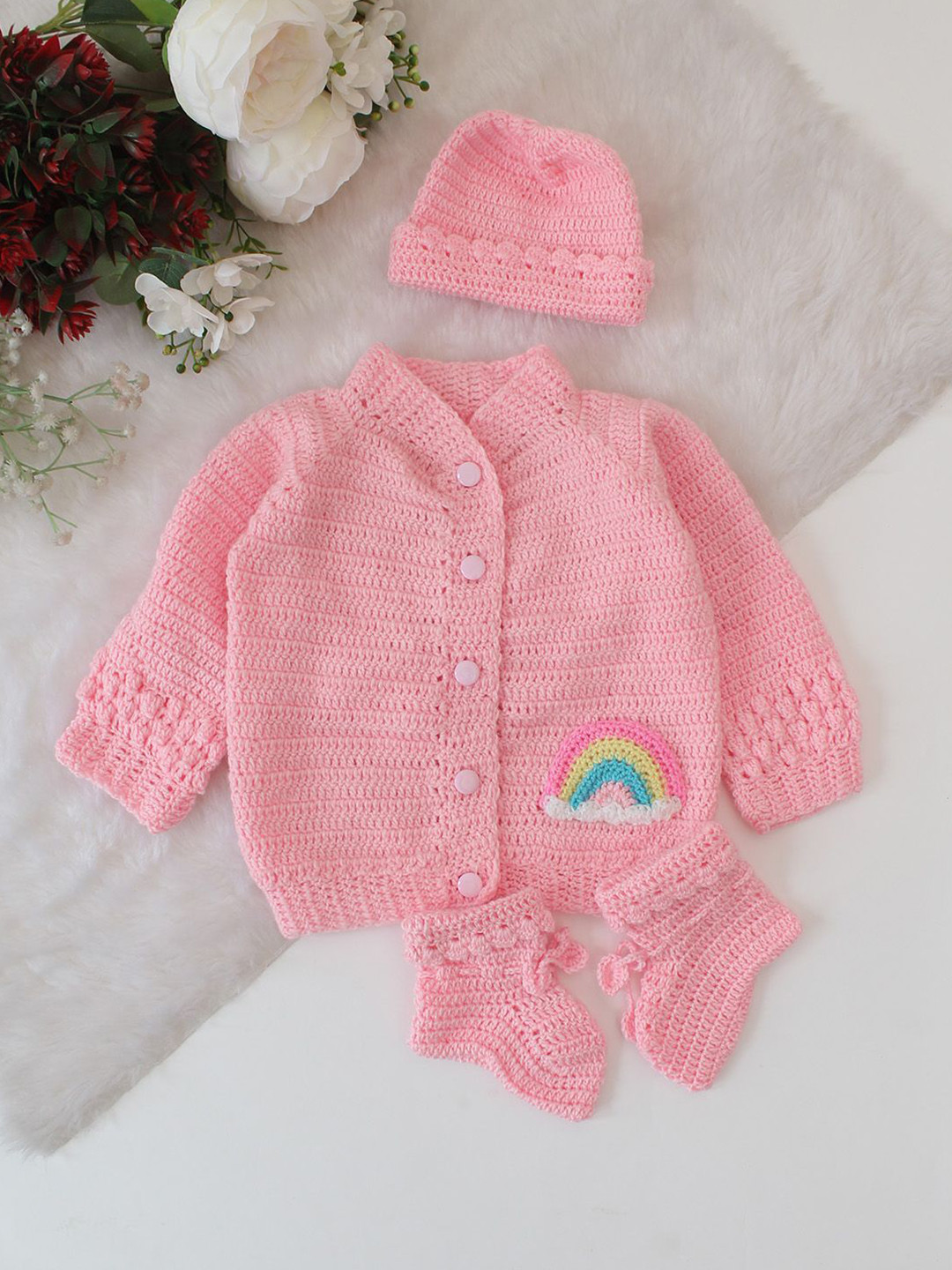 Woonie Kids Quirky Self Design Rainbow Applique Detail Crochet Cardigan Sweater