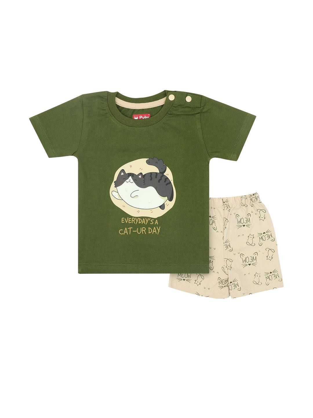 Pubu Boys Olive Green And Beige Round Neck Short Sleeves Tshirt