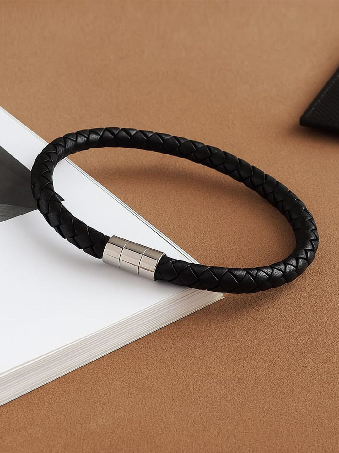 Carlton London Men Stainless Steel Wraparound Leather Bracelet