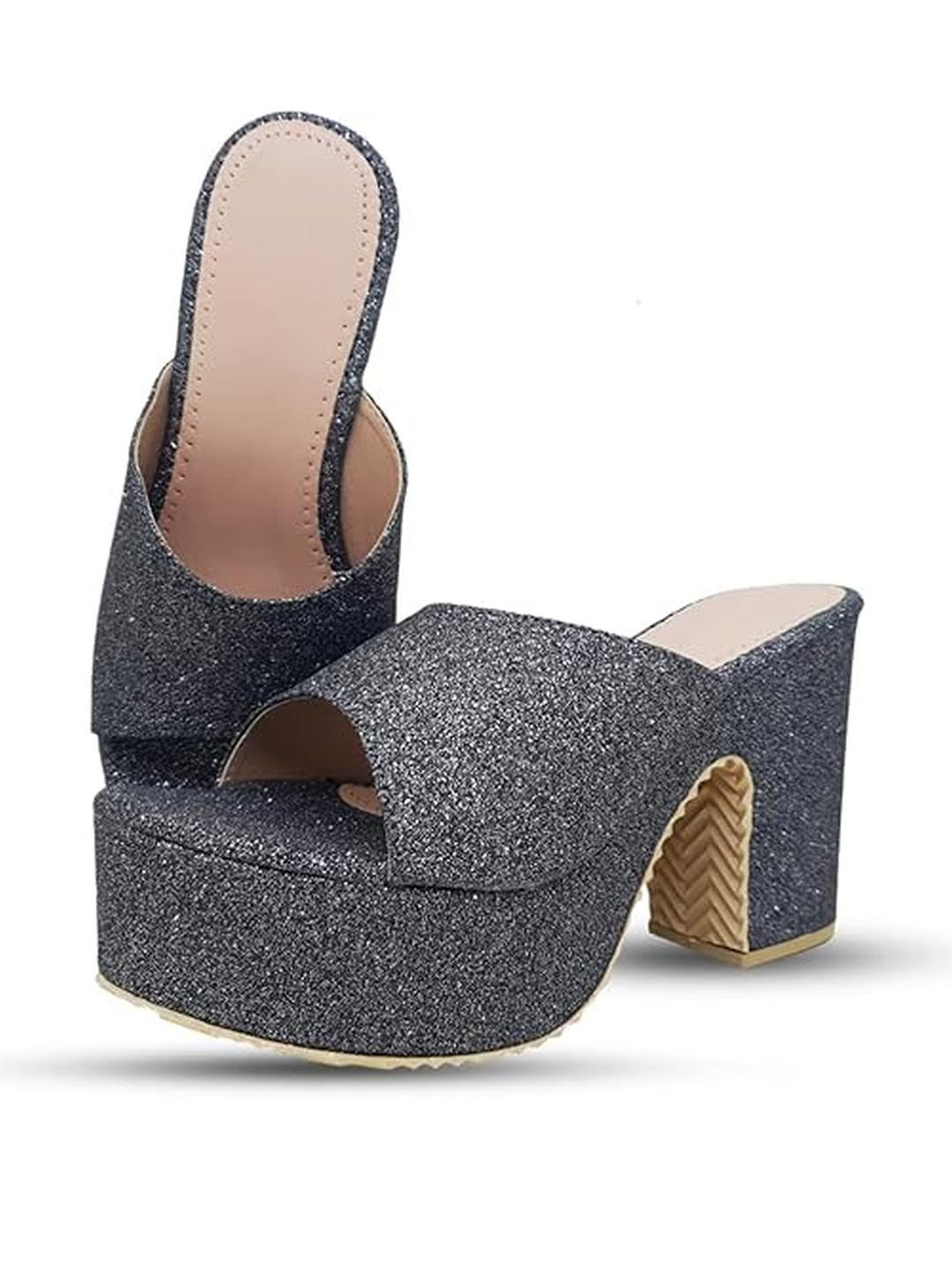 Digni Women Black Synthetic Round Toe Open Back Embellished Block Heels With TPR Sole