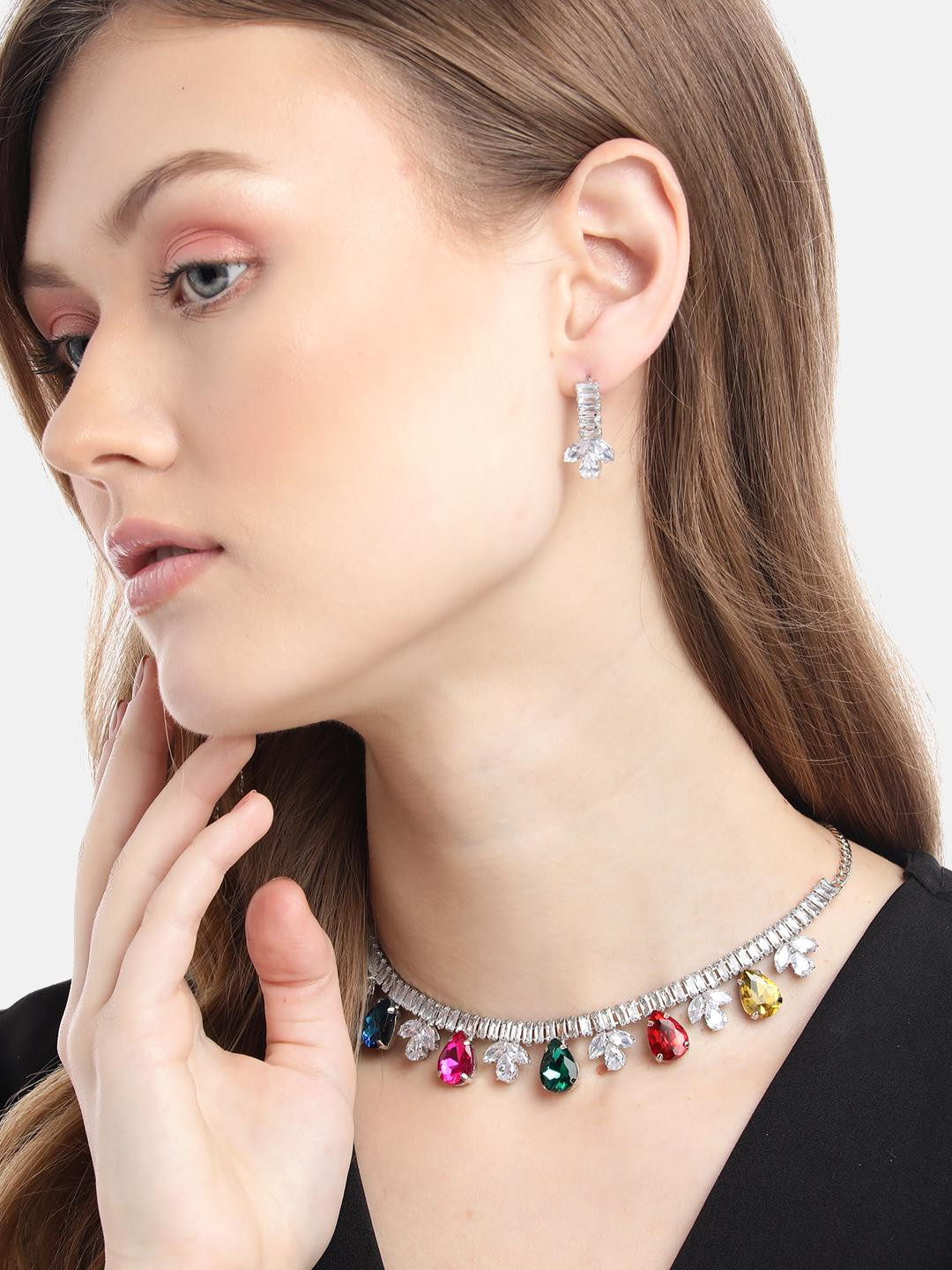 Anouk Rhodium Plated Silver Multi Color Crystal AD Gemstone-Studded Jewelry Set