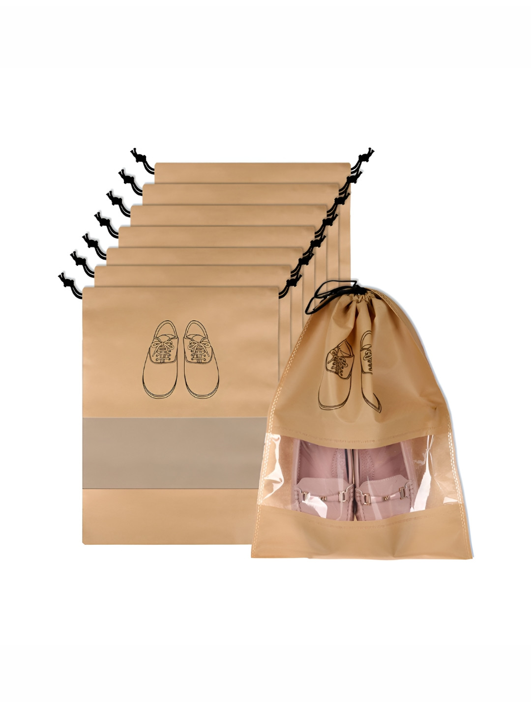 Aura Beige & Black 8 Pieces Printed Water Resistant Shoe Cover Bag Organisers