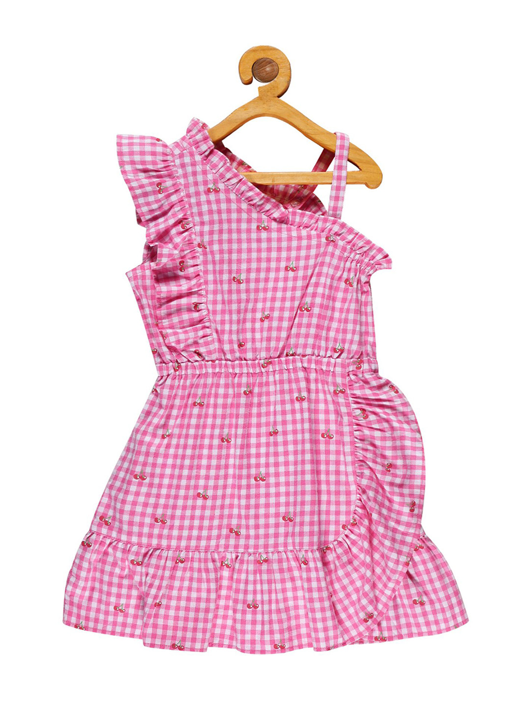 YOUNG BIRDS Girls Checked One Shoulder Flutter Sleeves Fit & Flare Dress