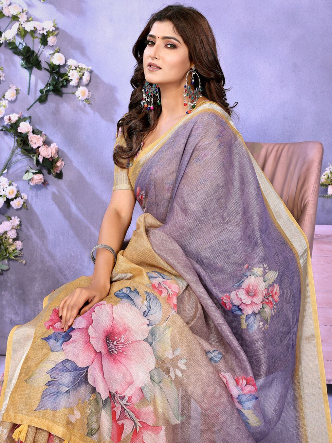 MORDEN MUSE Floral Print Zari Border Saree with Blouse Piece