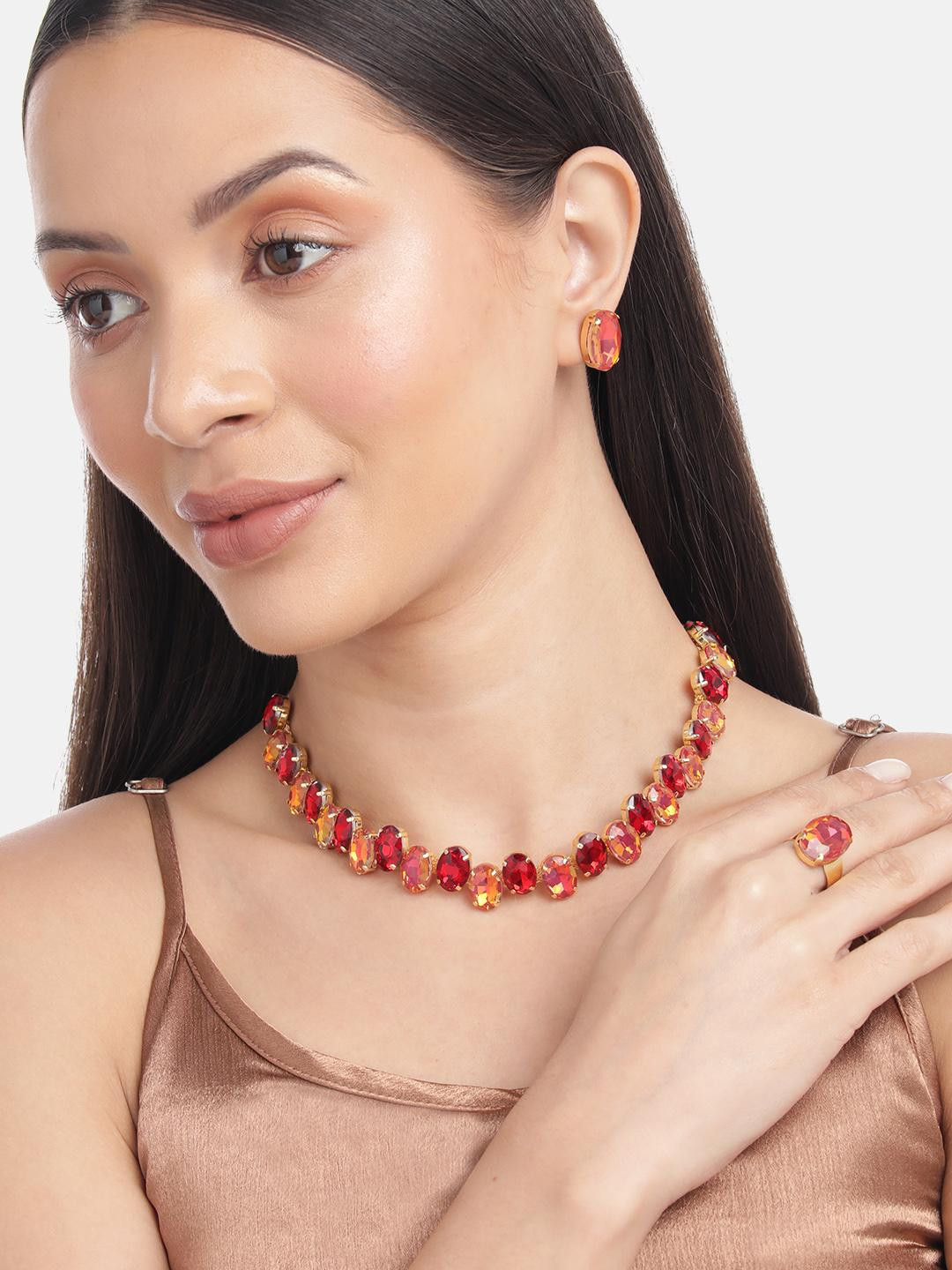 Anouk Red Color Crystal AD Gemstone-Studded Jewellery Set