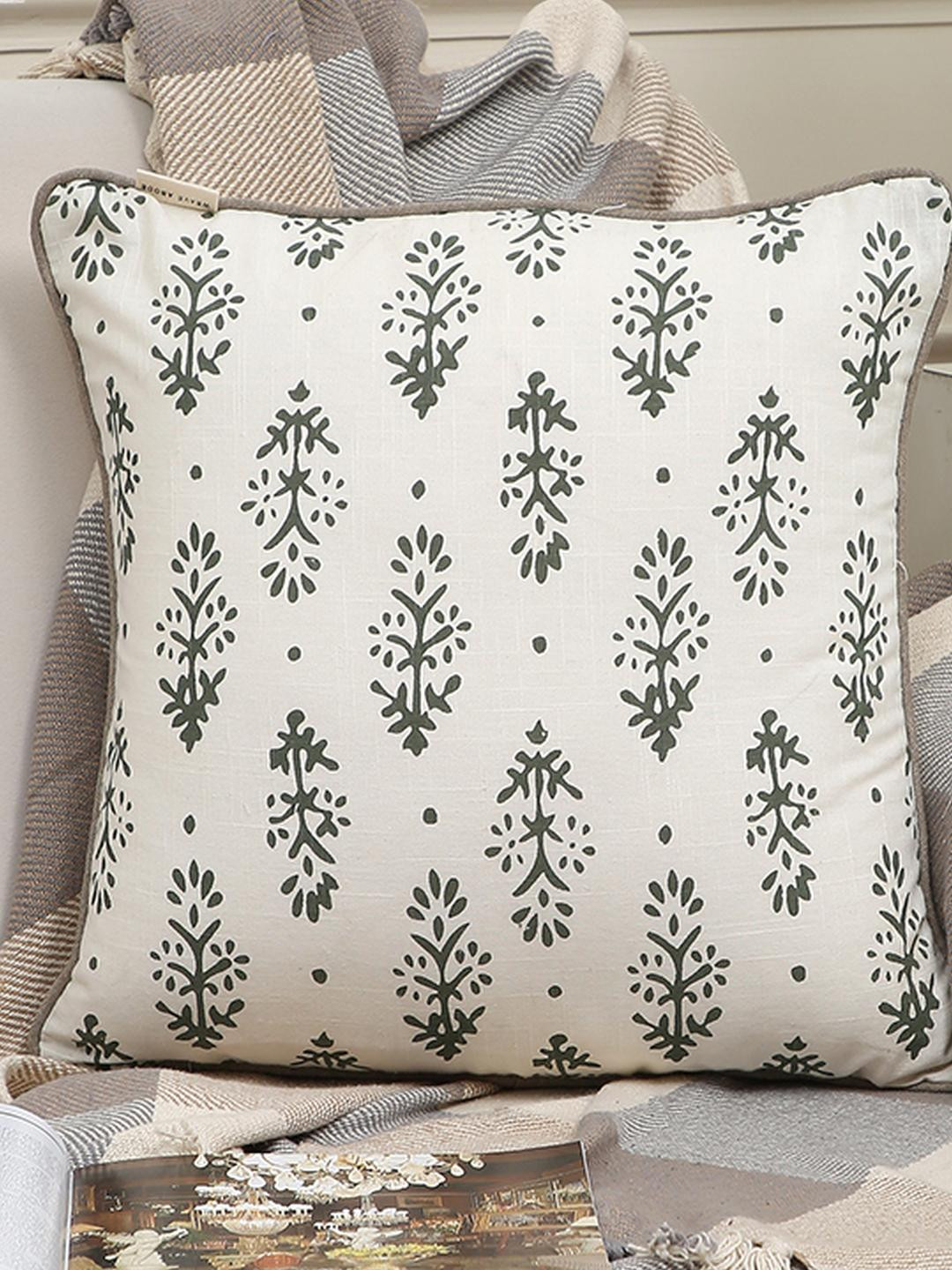 Weave Abode White & Olive Green Floral Printed Square Cotton Cushion Covers
