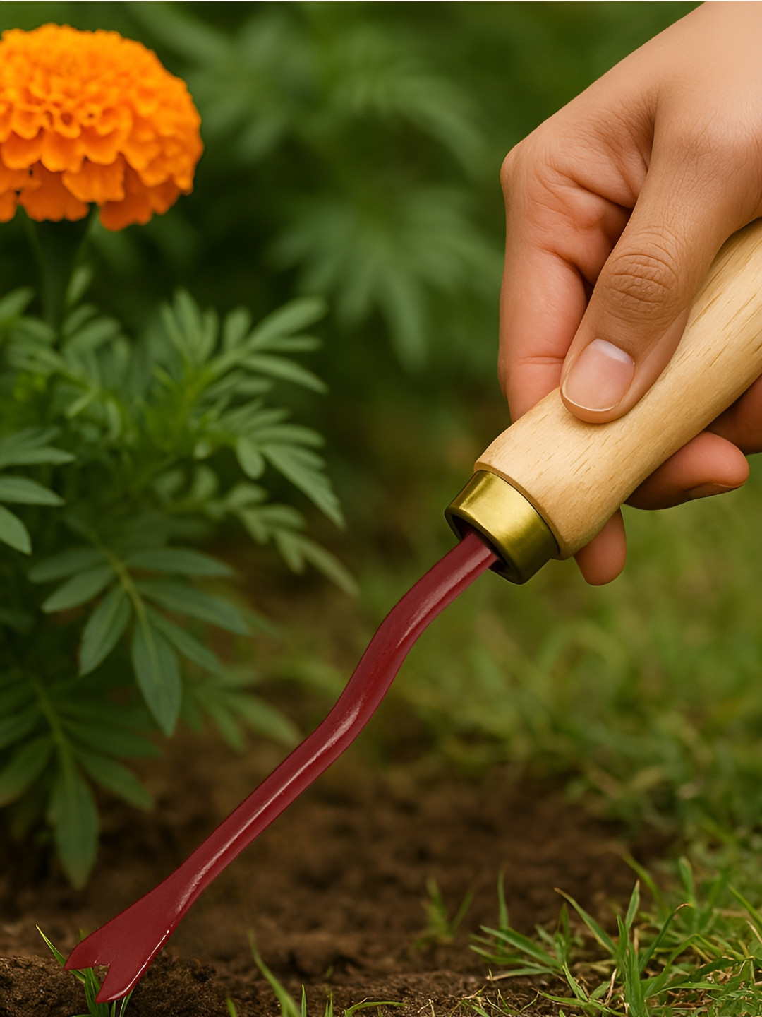 ecofynd Maroon & Beige Gardening Hand Weeder With Wooden