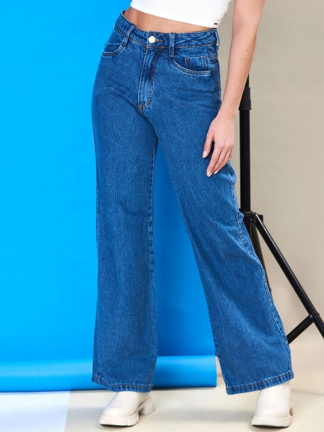 NU CLOTHS Womens Baggy High Waist Wide Leg Denim Stone Jeans