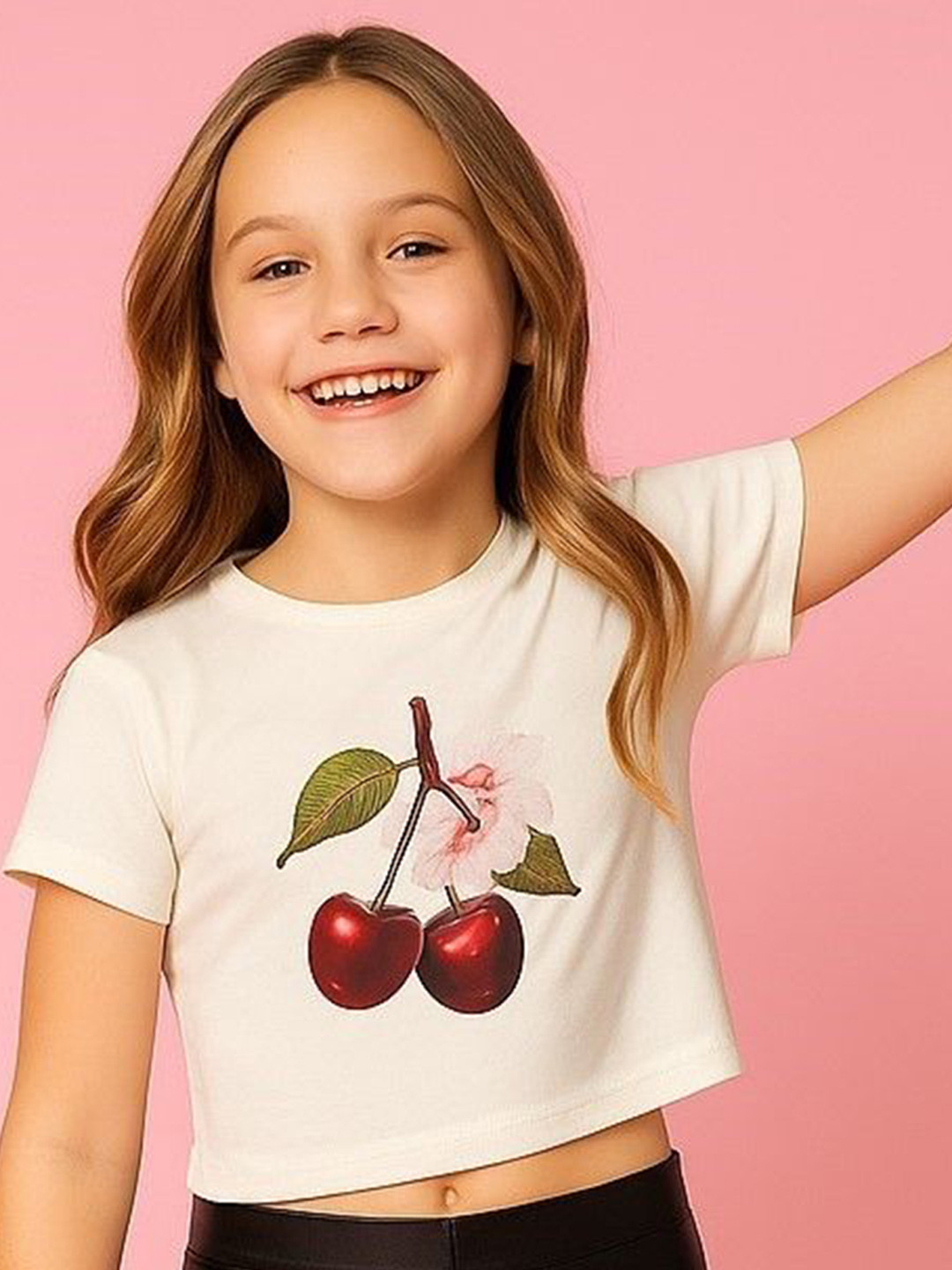 Baawri Girls Graphic Printed Round Neck Short Sleeve Crop Top